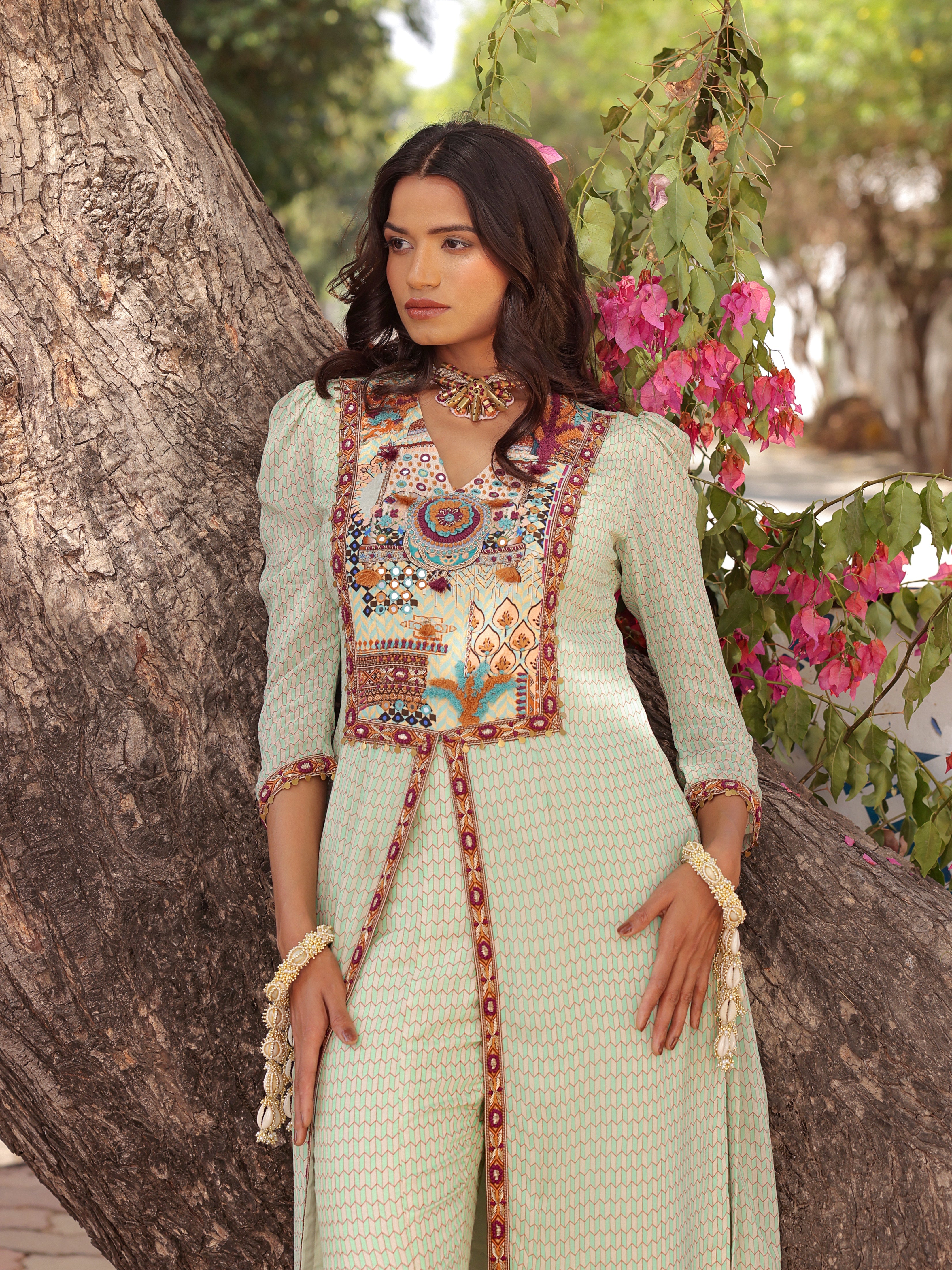 Mint mirage luxe slit Kurti and tailored pants co-ord set