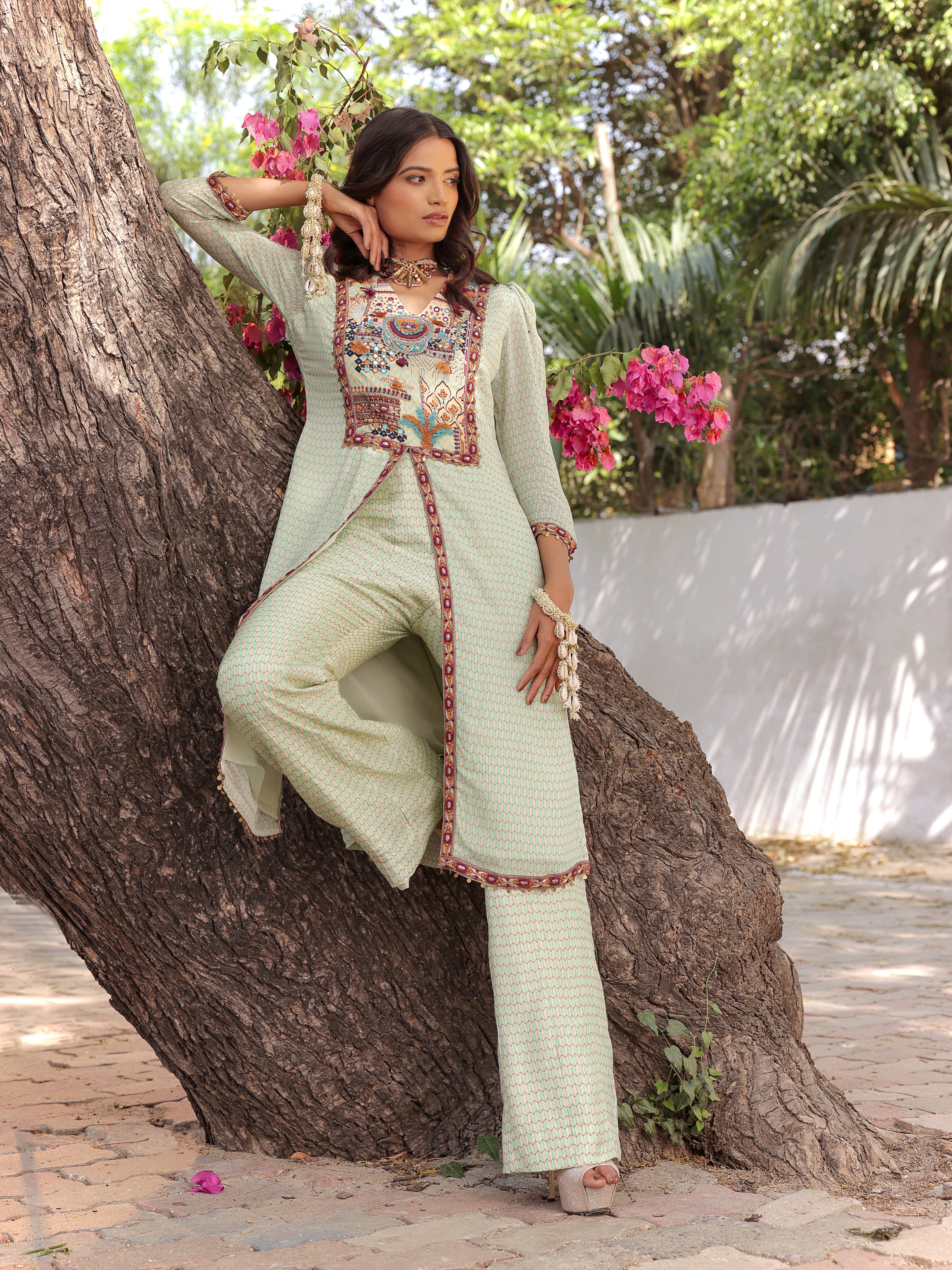 Mint mirage luxe slit Kurti and tailored pants co-ord set