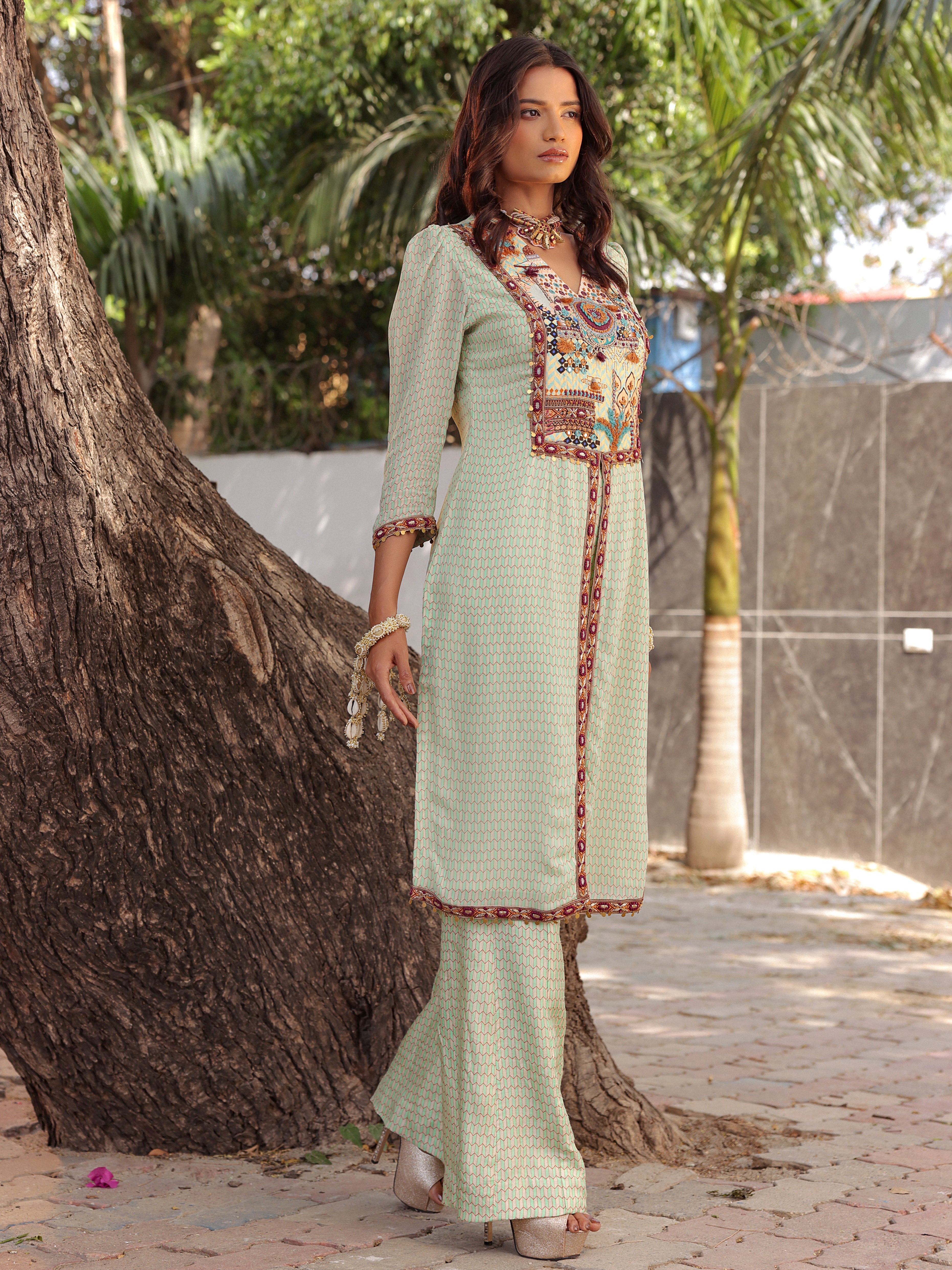 Mint mirage luxe slit Kurti and tailored pants co-ord set