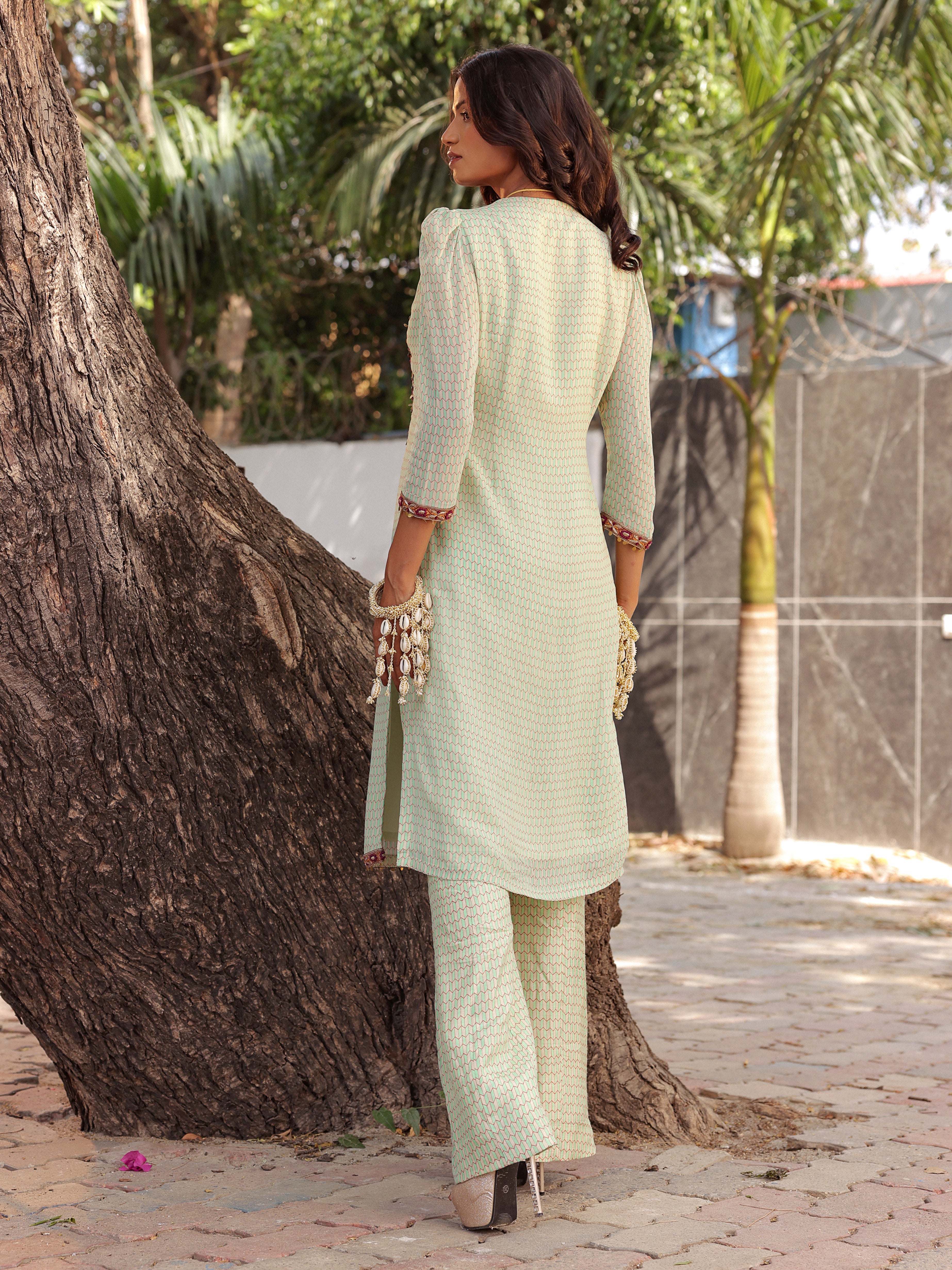 Mint mirage luxe slit Kurti and tailored pants co-ord set