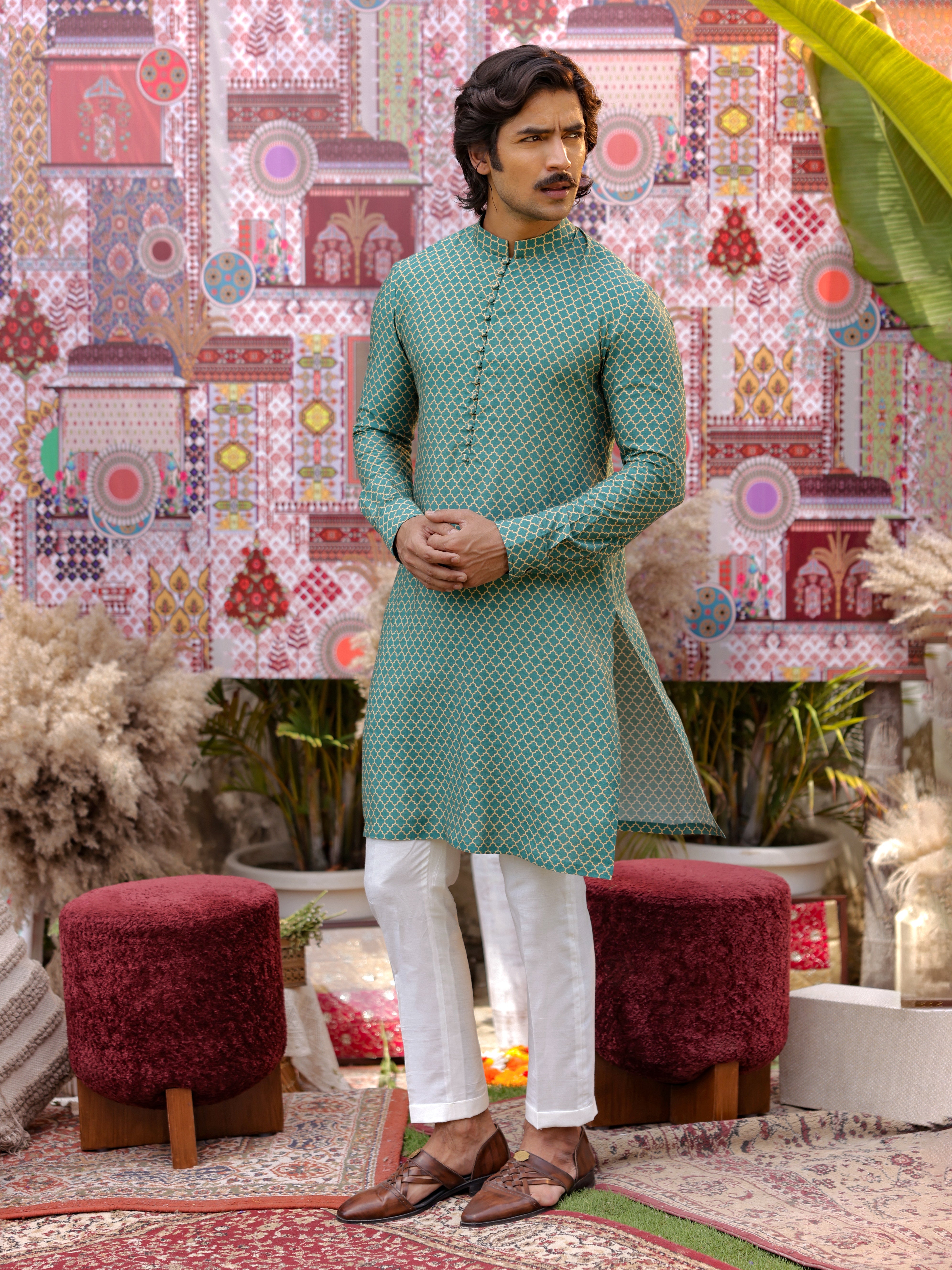 Teal multi-coloured bandgala jacket set with kurta and pants