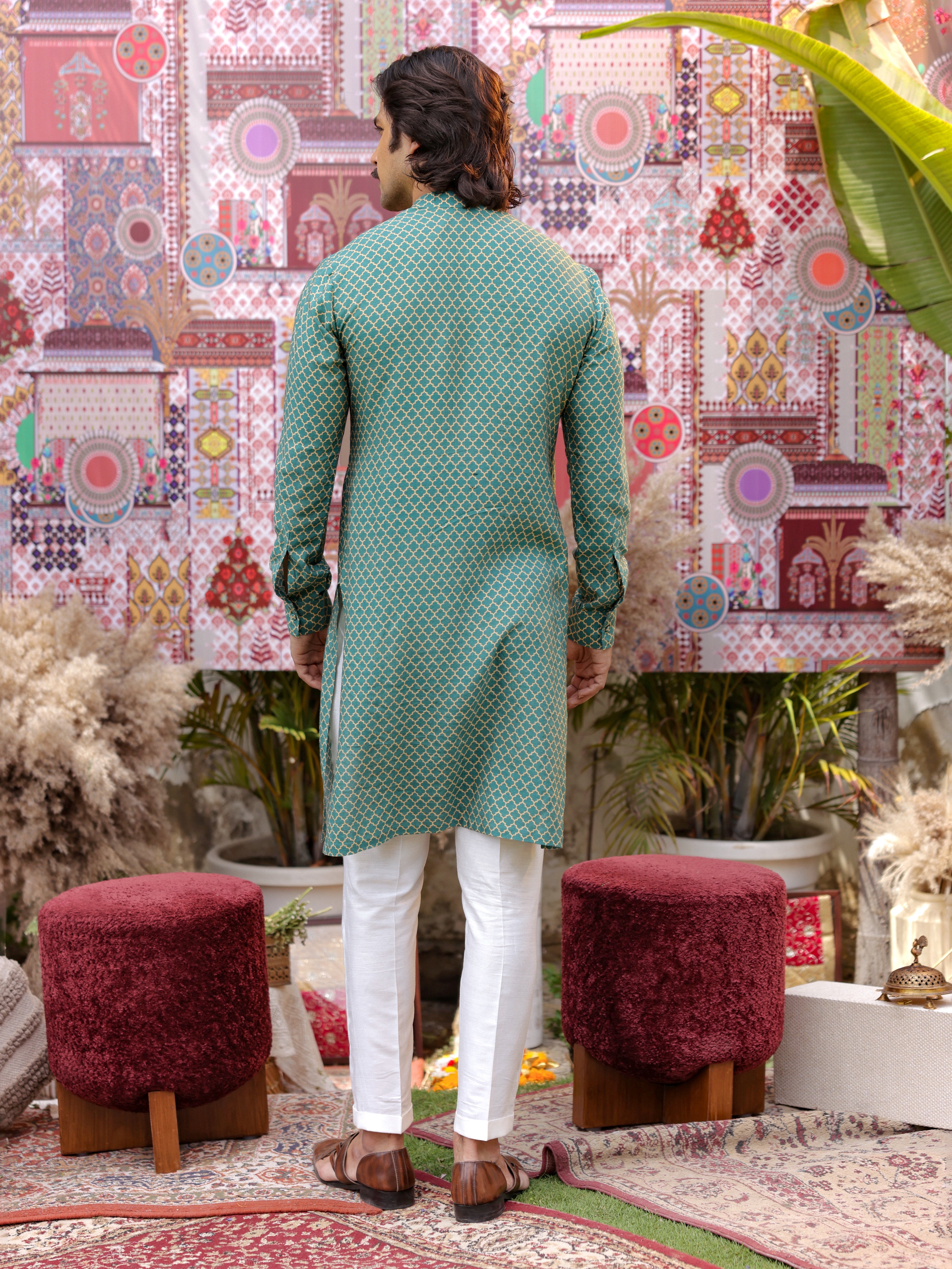 Teal multi-coloured bandgala jacket set with kurta and pants