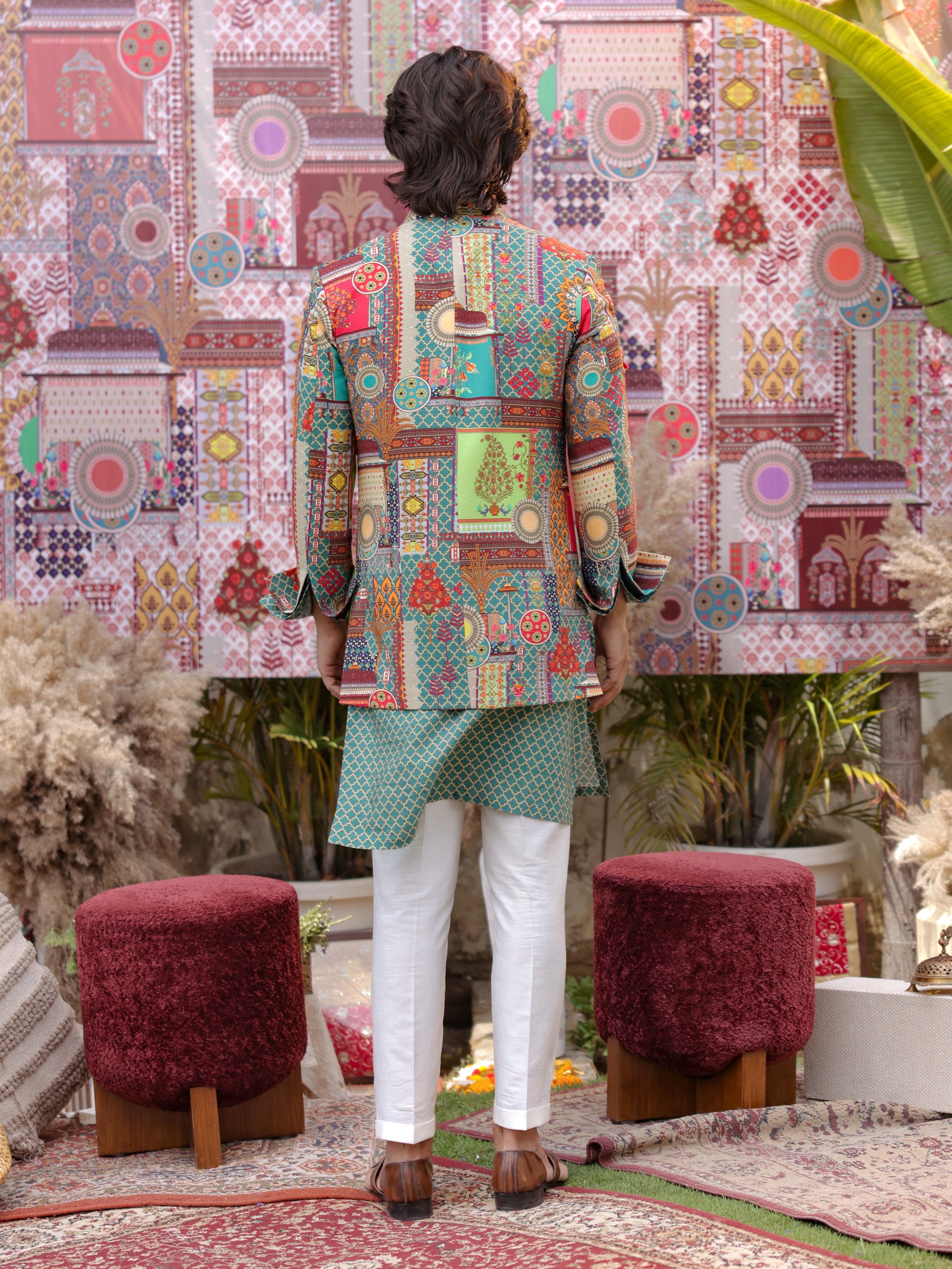 Teal multi-coloured bandgala jacket set with kurta and pants