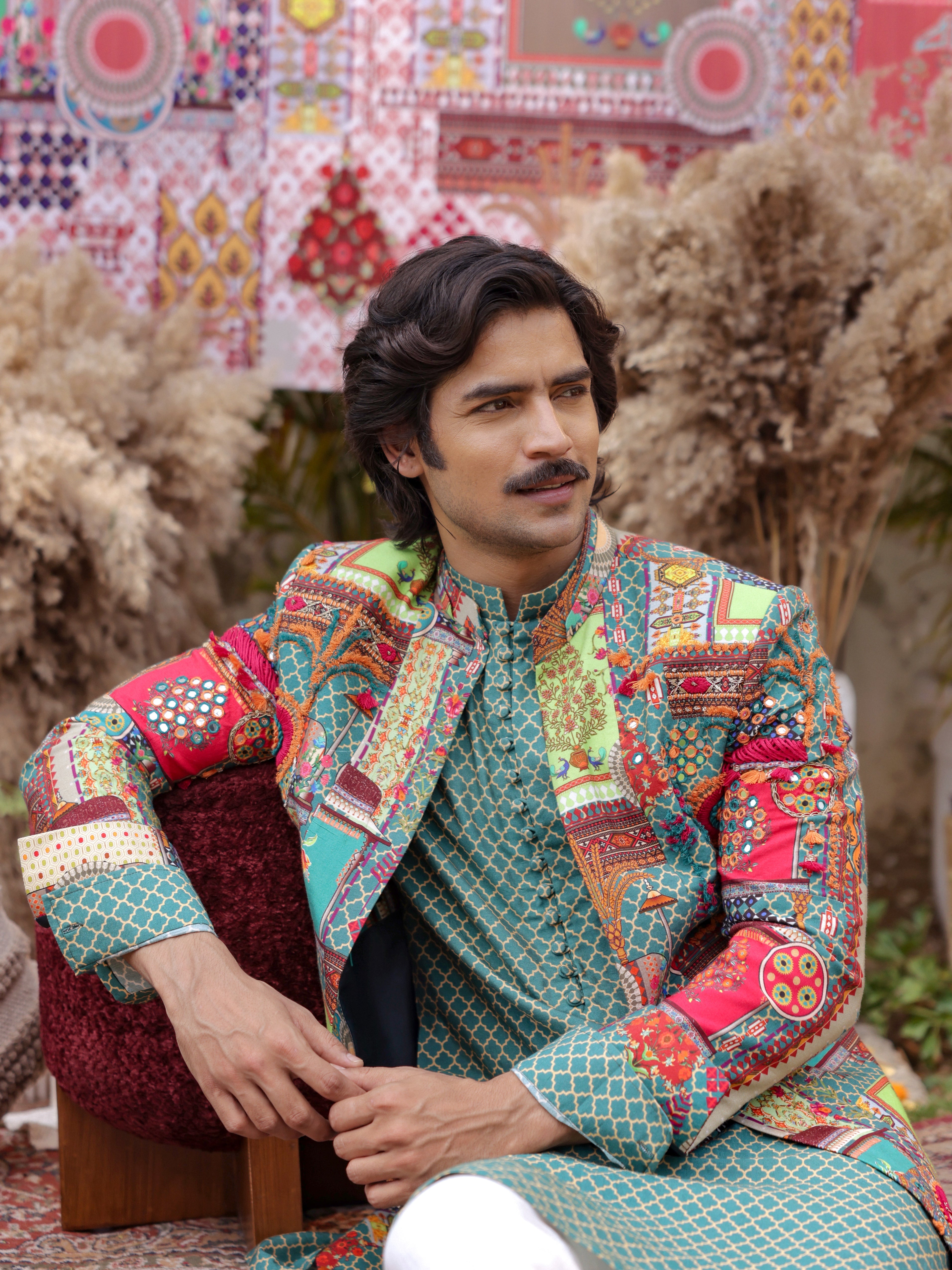 Teal multi-coloured bandgala jacket set with kurta and pants