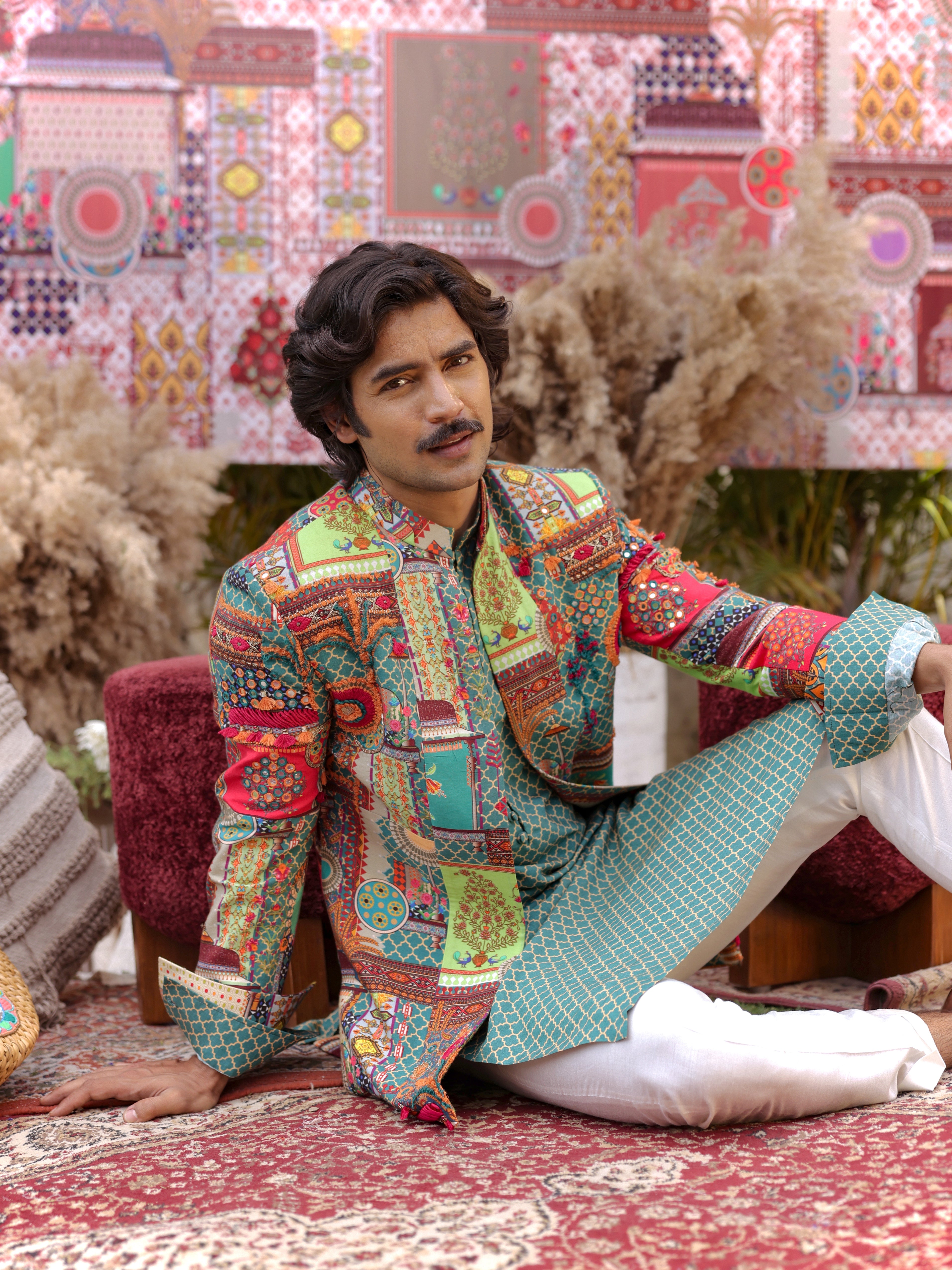 Teal multi-coloured bandgala jacket set with kurta and pants