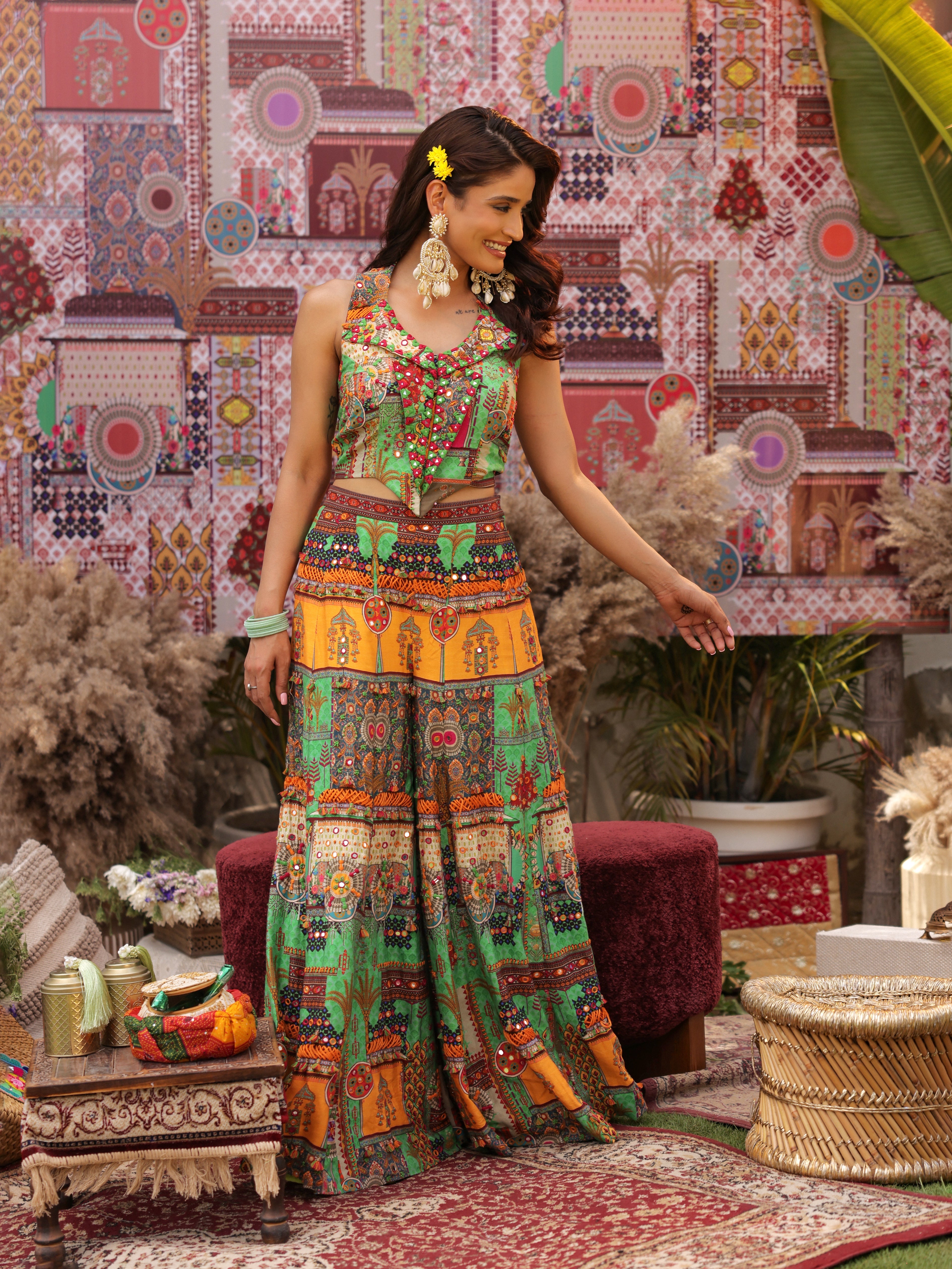 green and yellow multi coloured print embroidered halter lapel bodice with kali pants indo