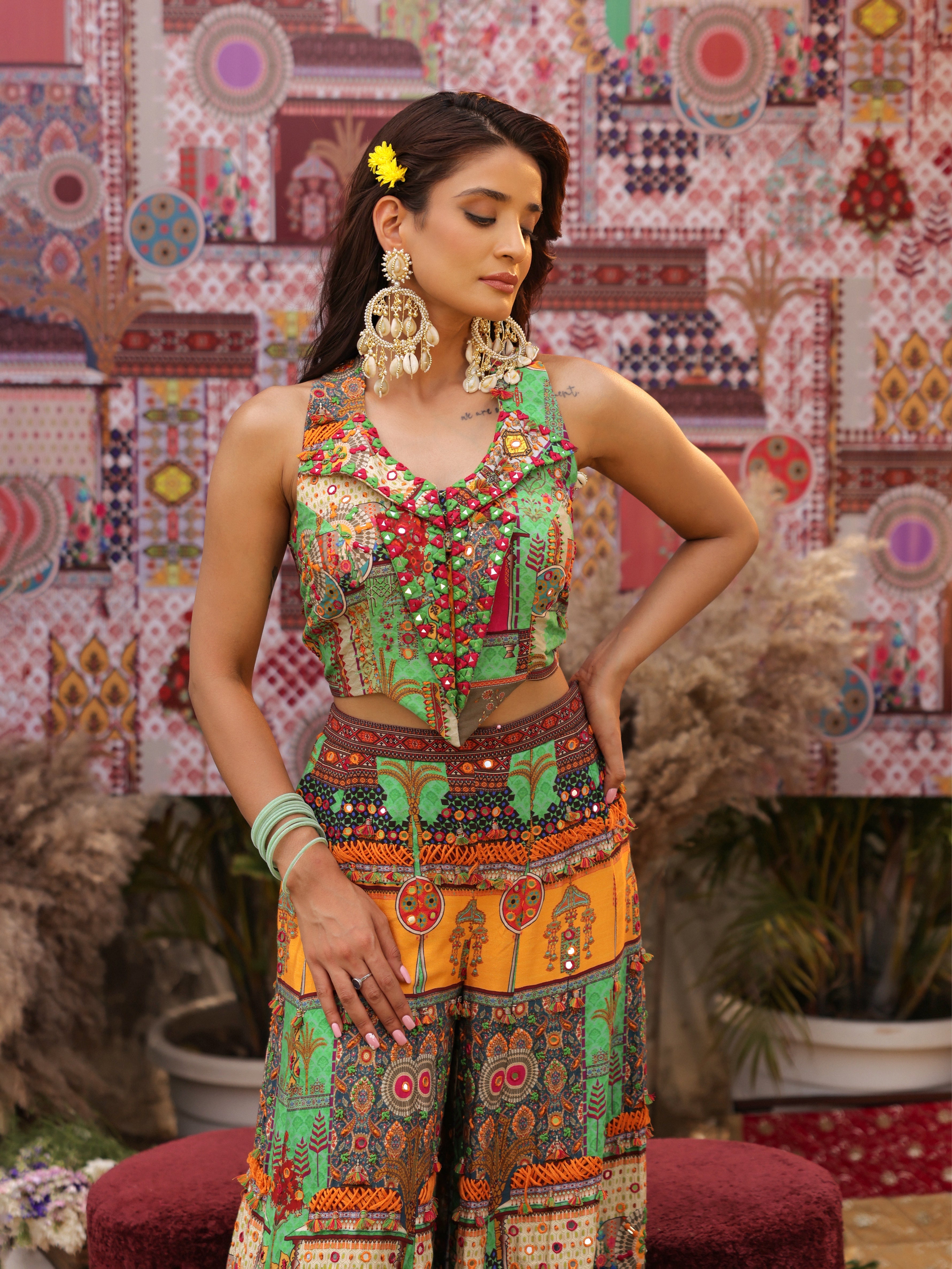 green and yellow multi coloured print embroidered halter lapel bodice with kali pants indo
