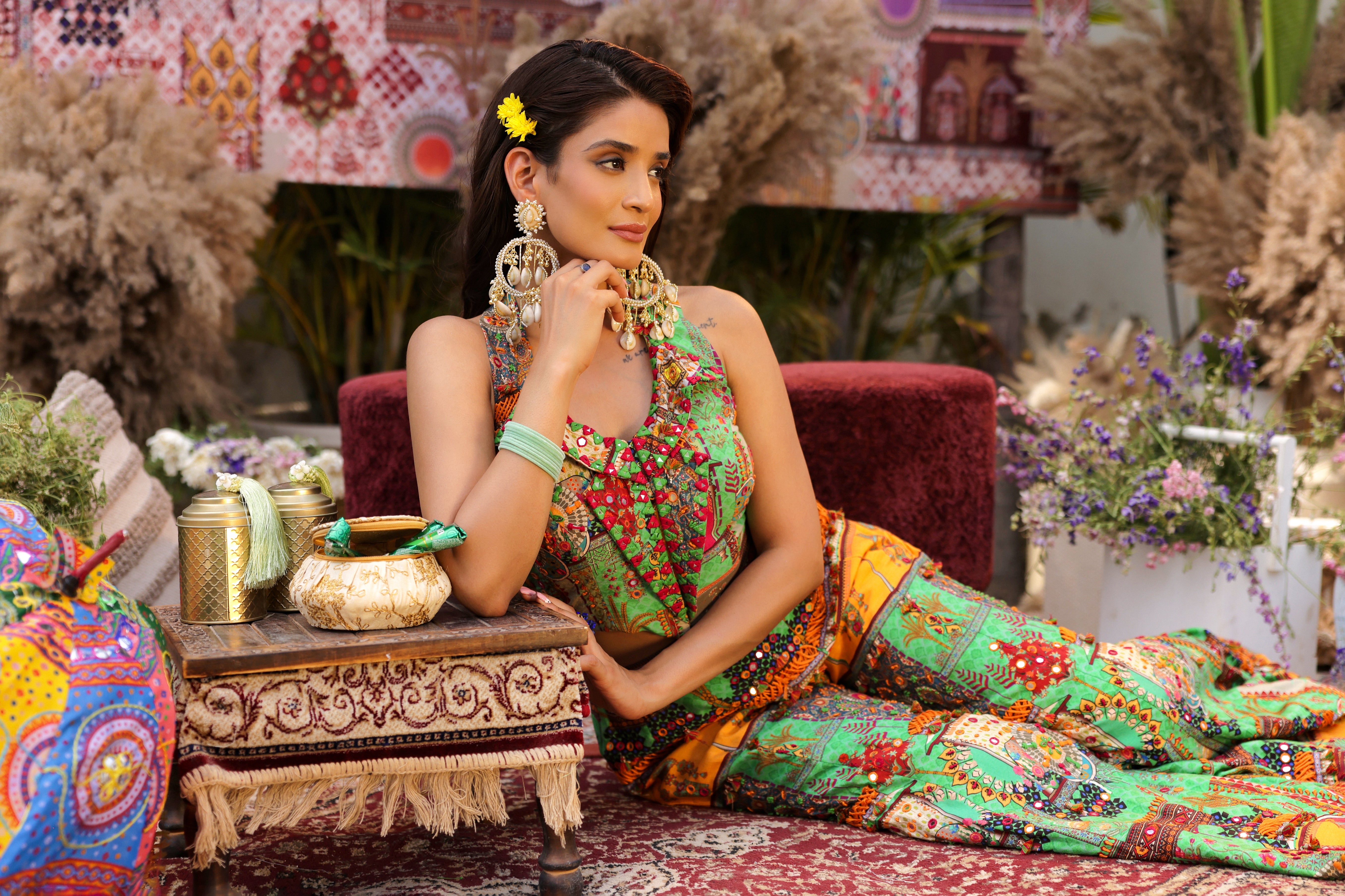 green and yellow multi coloured print embroidered halter lapel bodice with kali pants indo