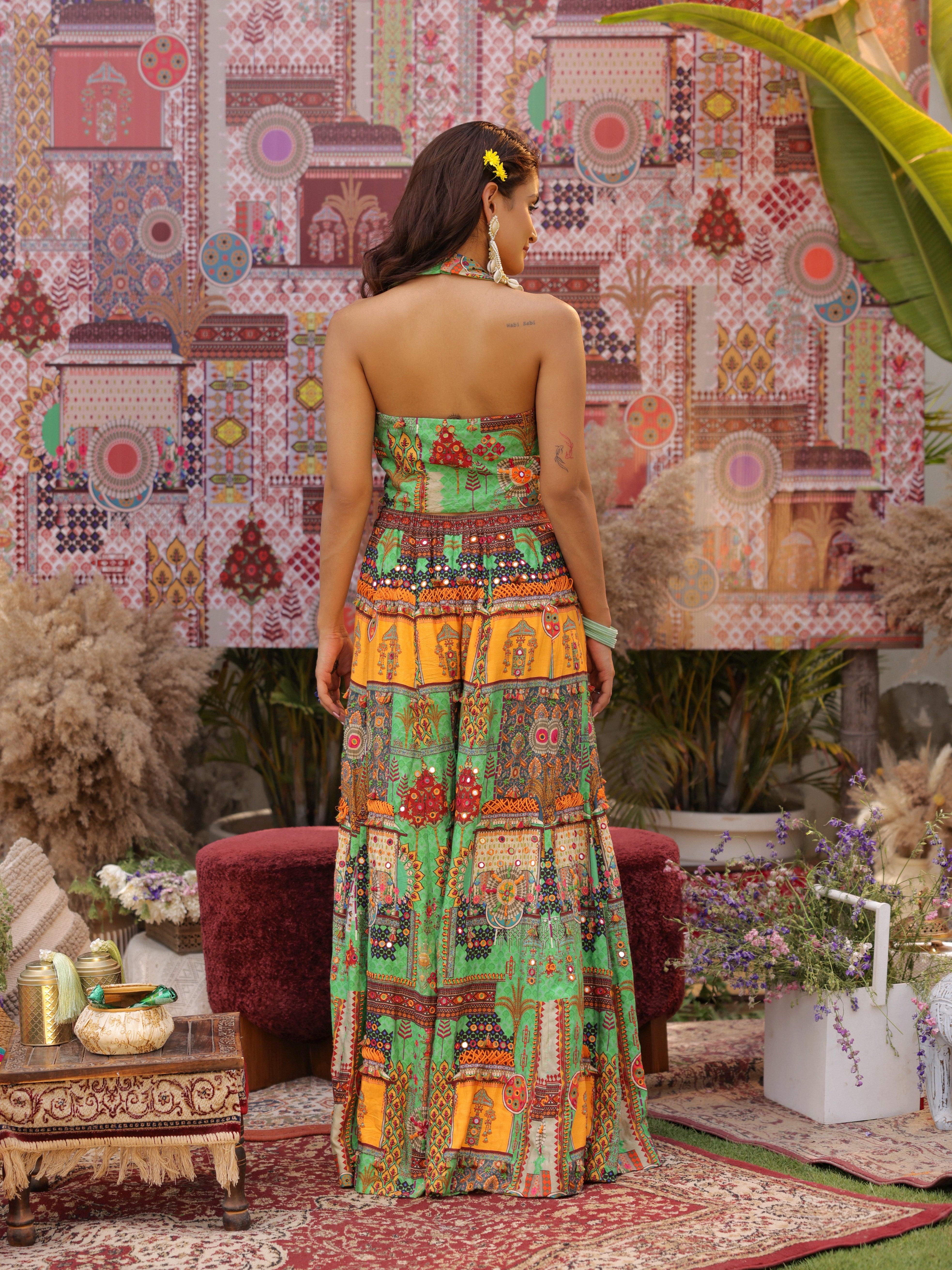 green and yellow multi coloured print embroidered halter lapel bodice with kali pants indo