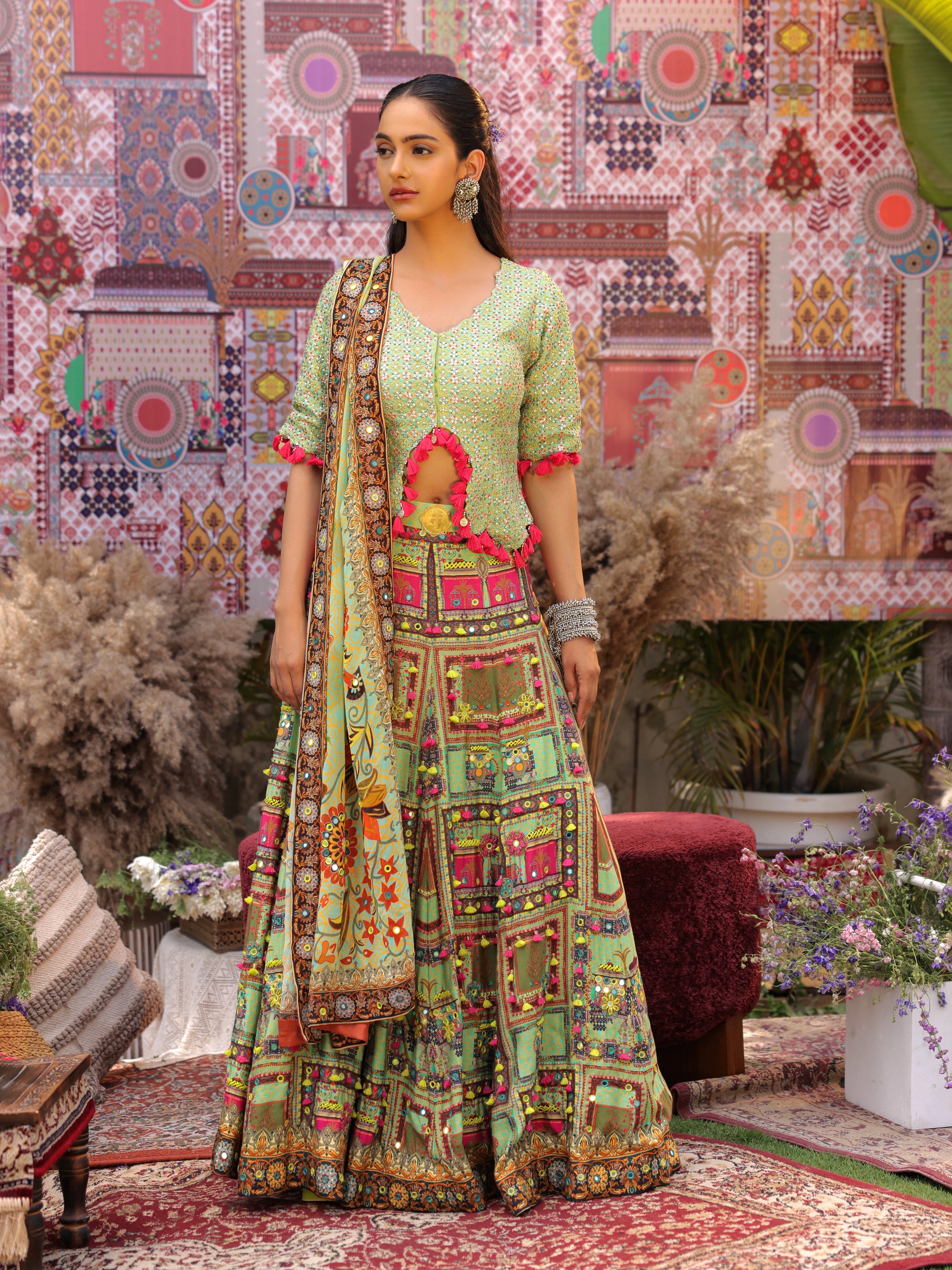 Meadow Green multi-coloured Embroidered Lehenga & Bodice with Pom-Pom embellishments