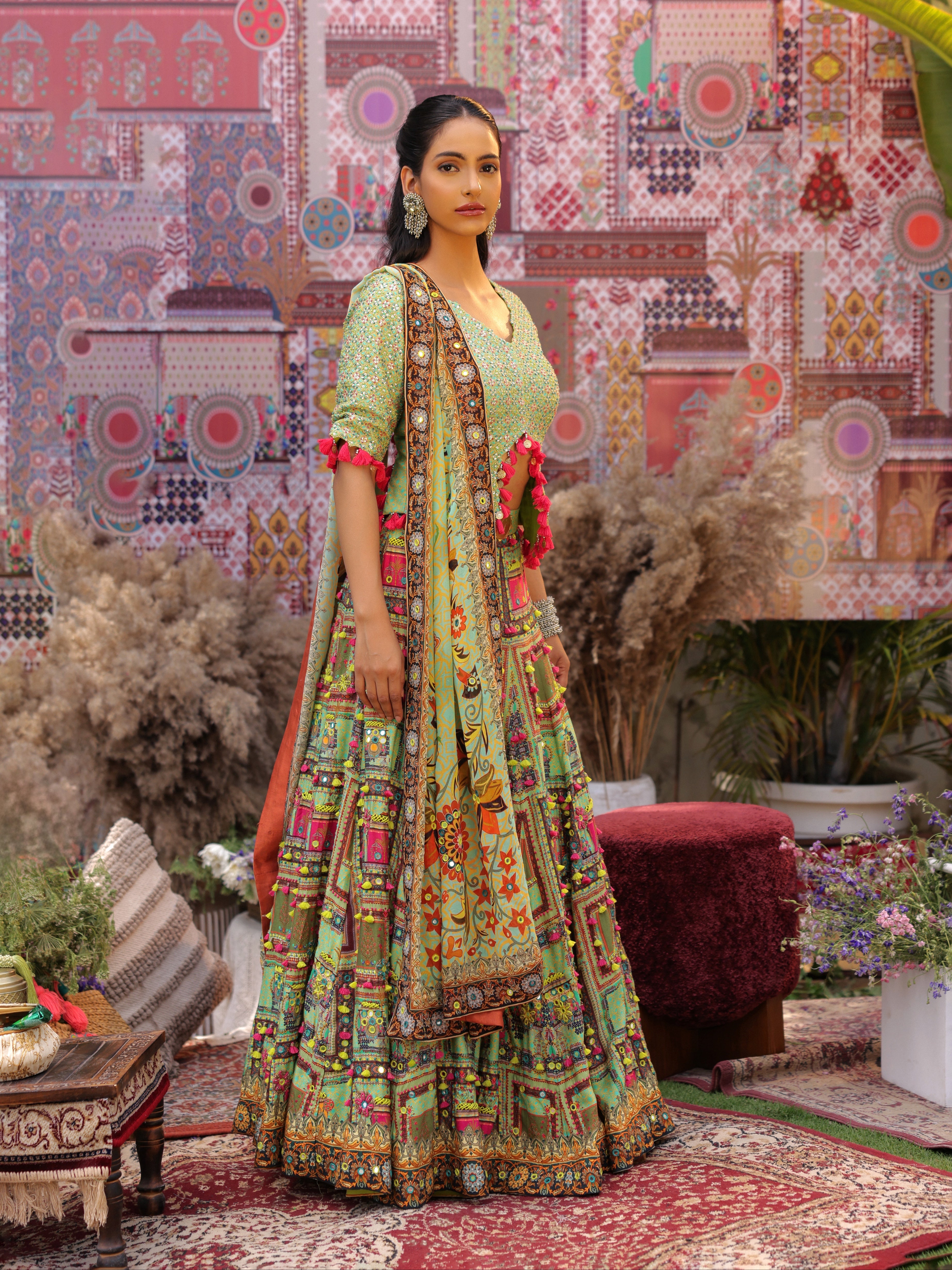 Meadow Green multi-coloured Embroidered Lehenga & Bodice with Pom-Pom embellishments