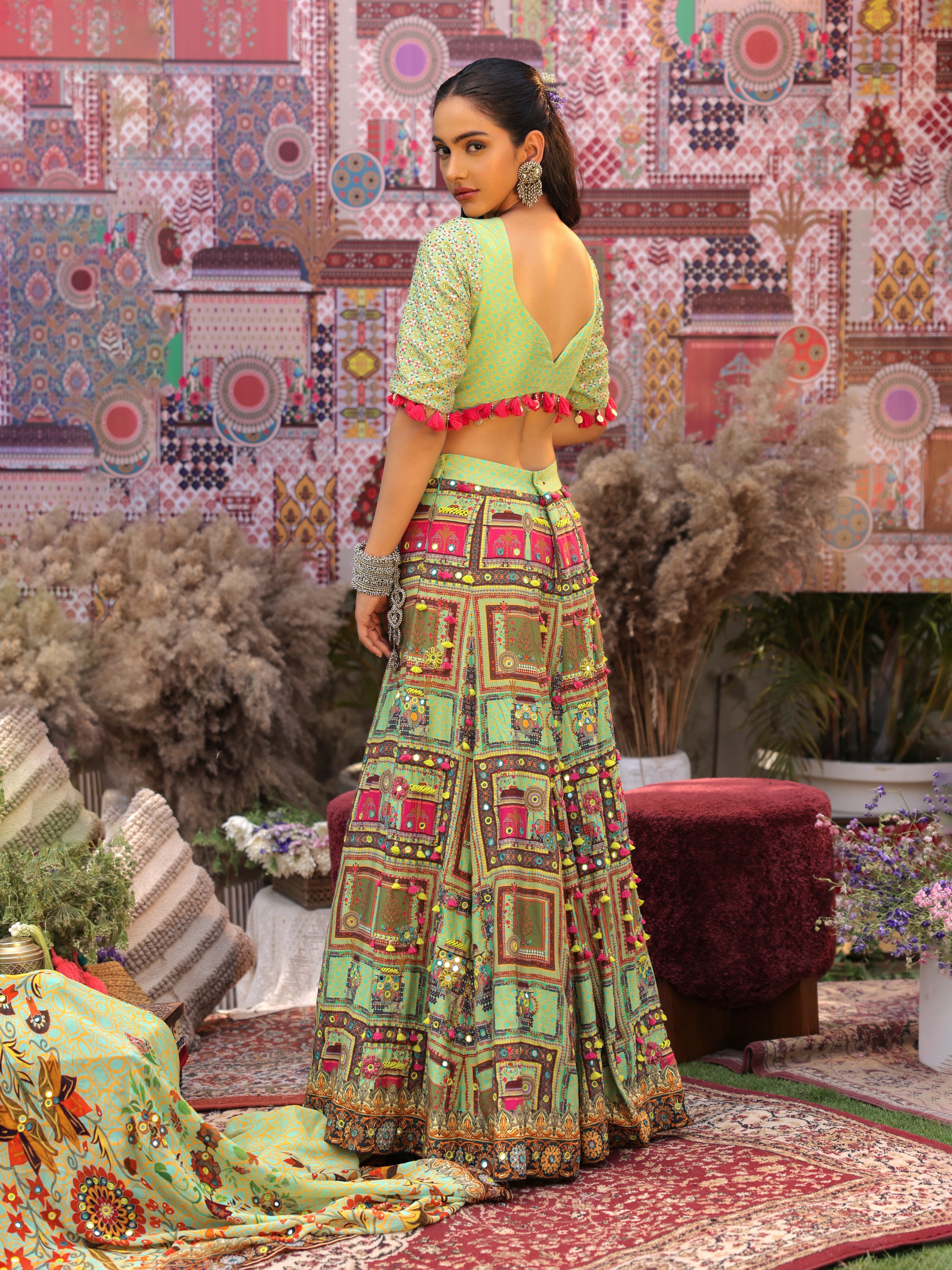 Meadow Green multi-coloured Embroidered Lehenga & Bodice with Pom-Pom embellishments