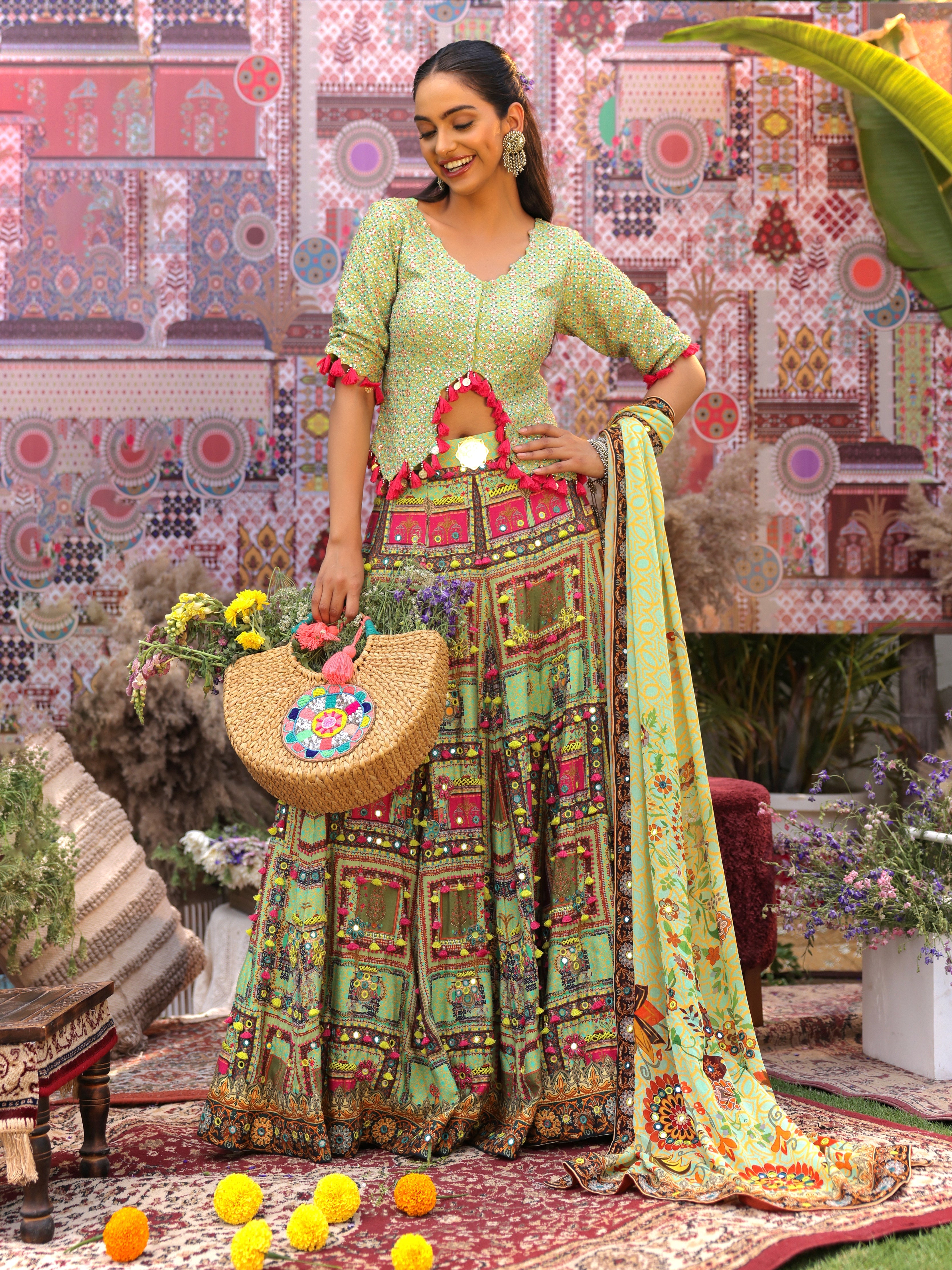 Meadow Green multi-coloured Embroidered Lehenga & Bodice with Pom-Pom embellishments