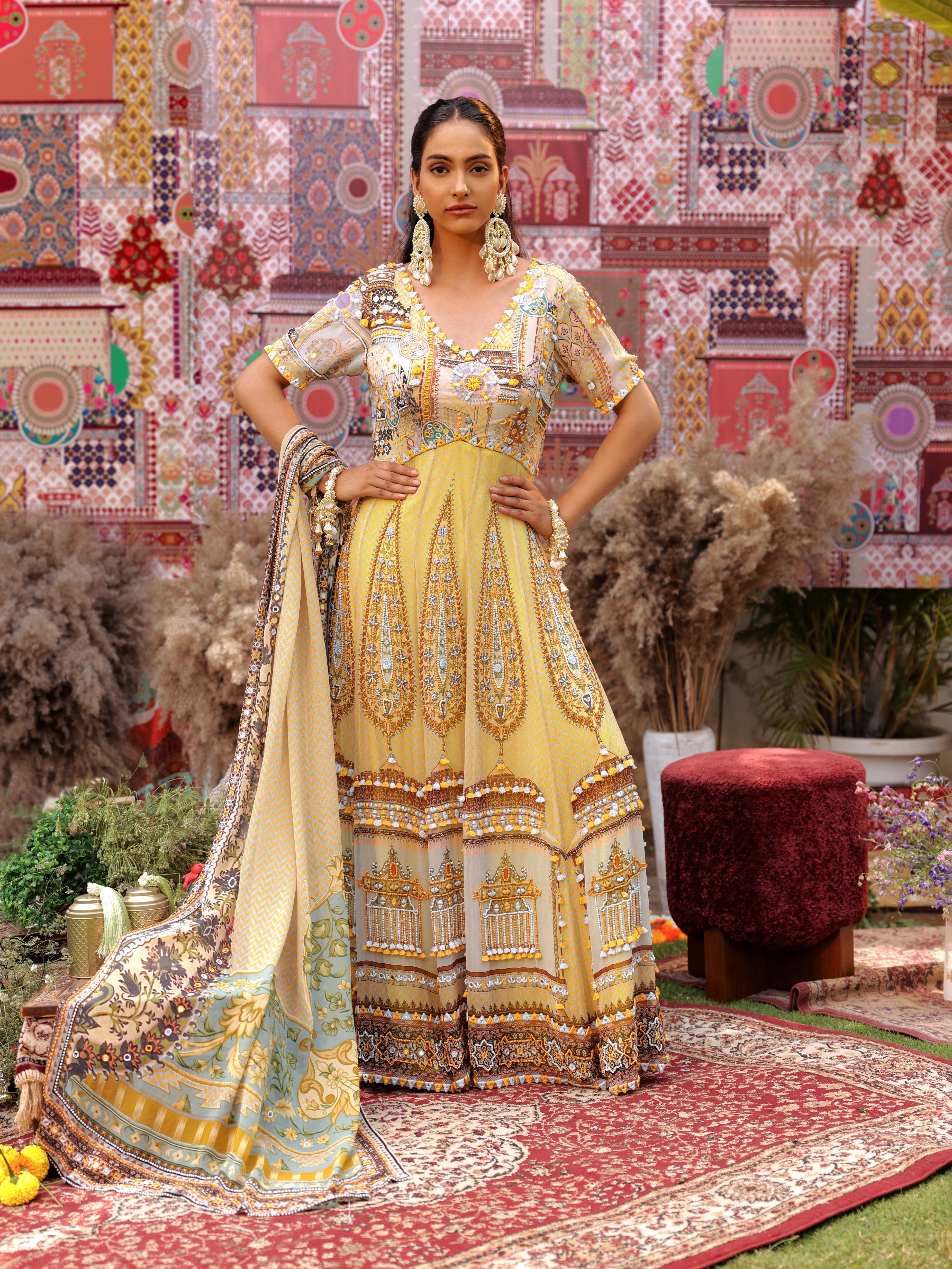 Bloom yellow print embroidered Anarkali with dupatta