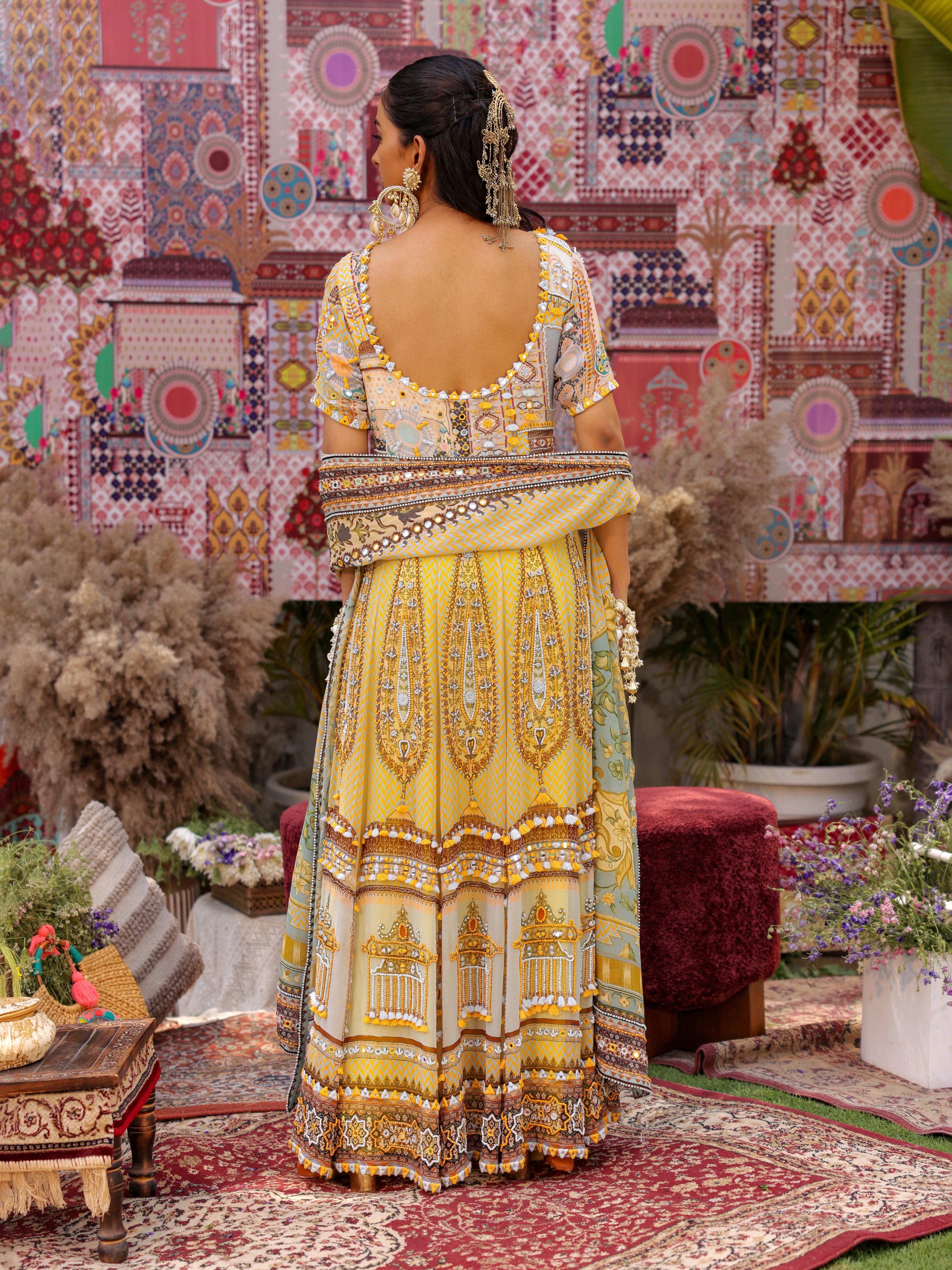 Bloom yellow print embroidered Anarkali with dupatta