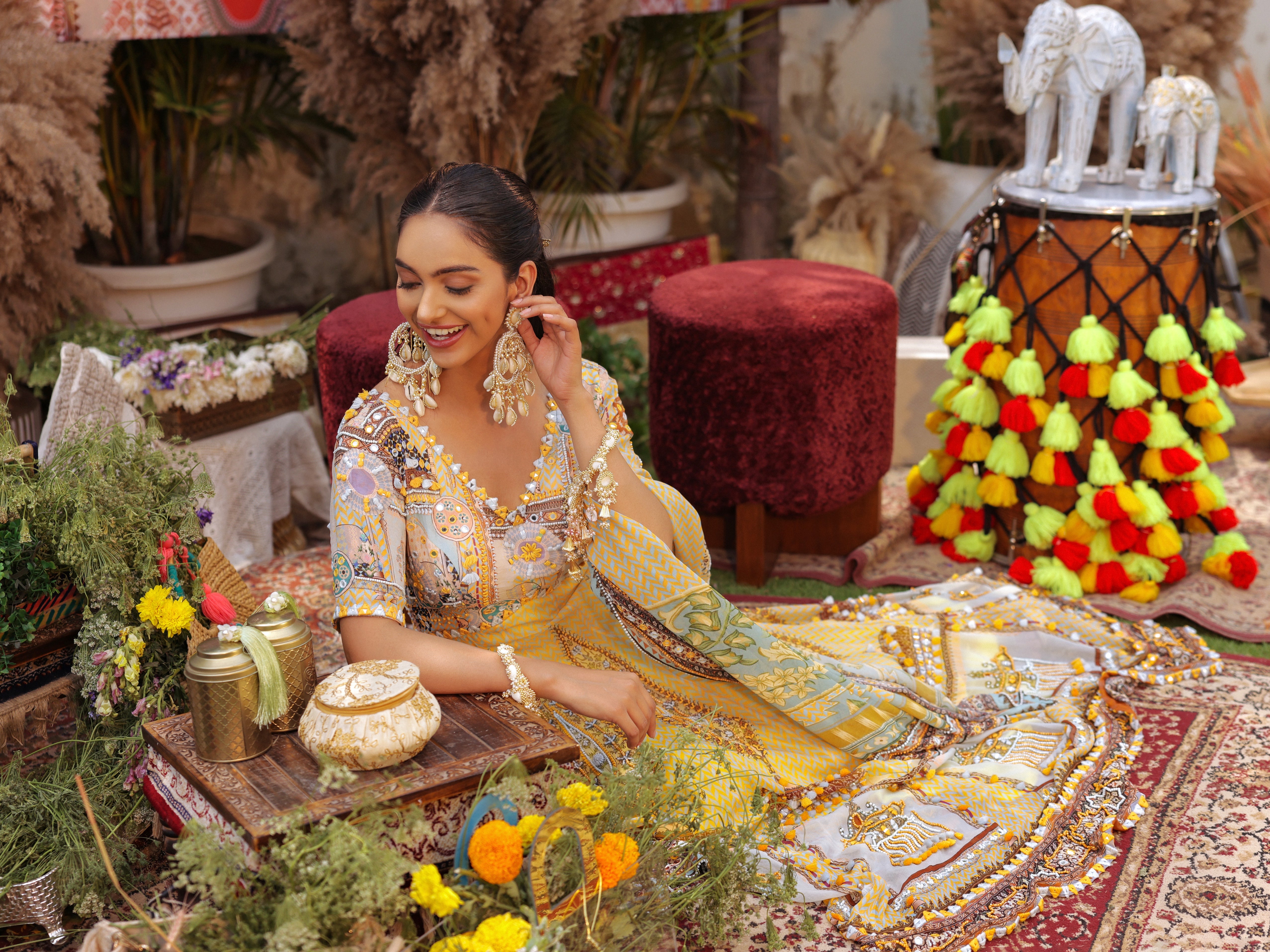 Bloom yellow print embroidered Anarkali with dupatta