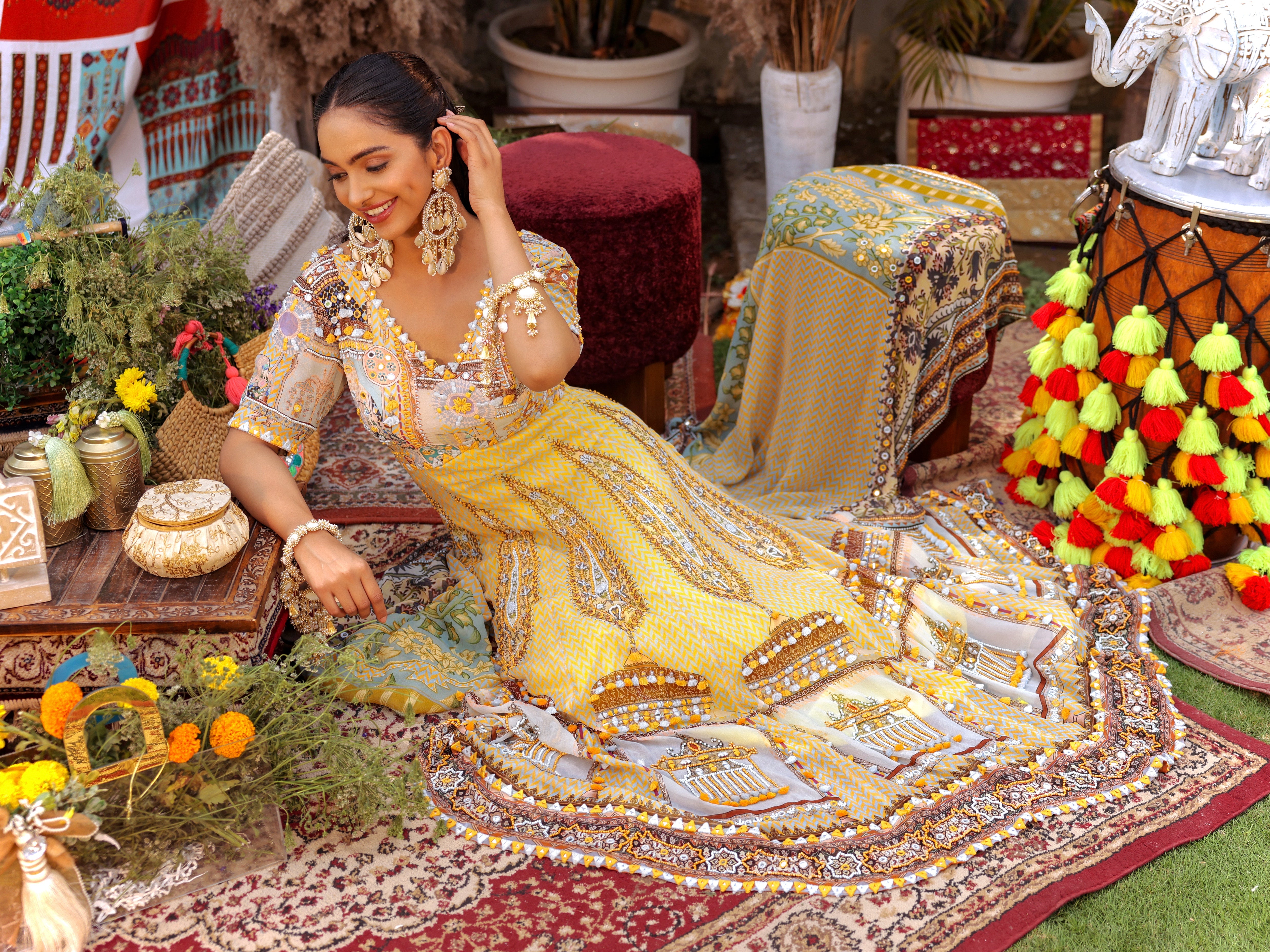 Bloom yellow print embroidered Anarkali with dupatta