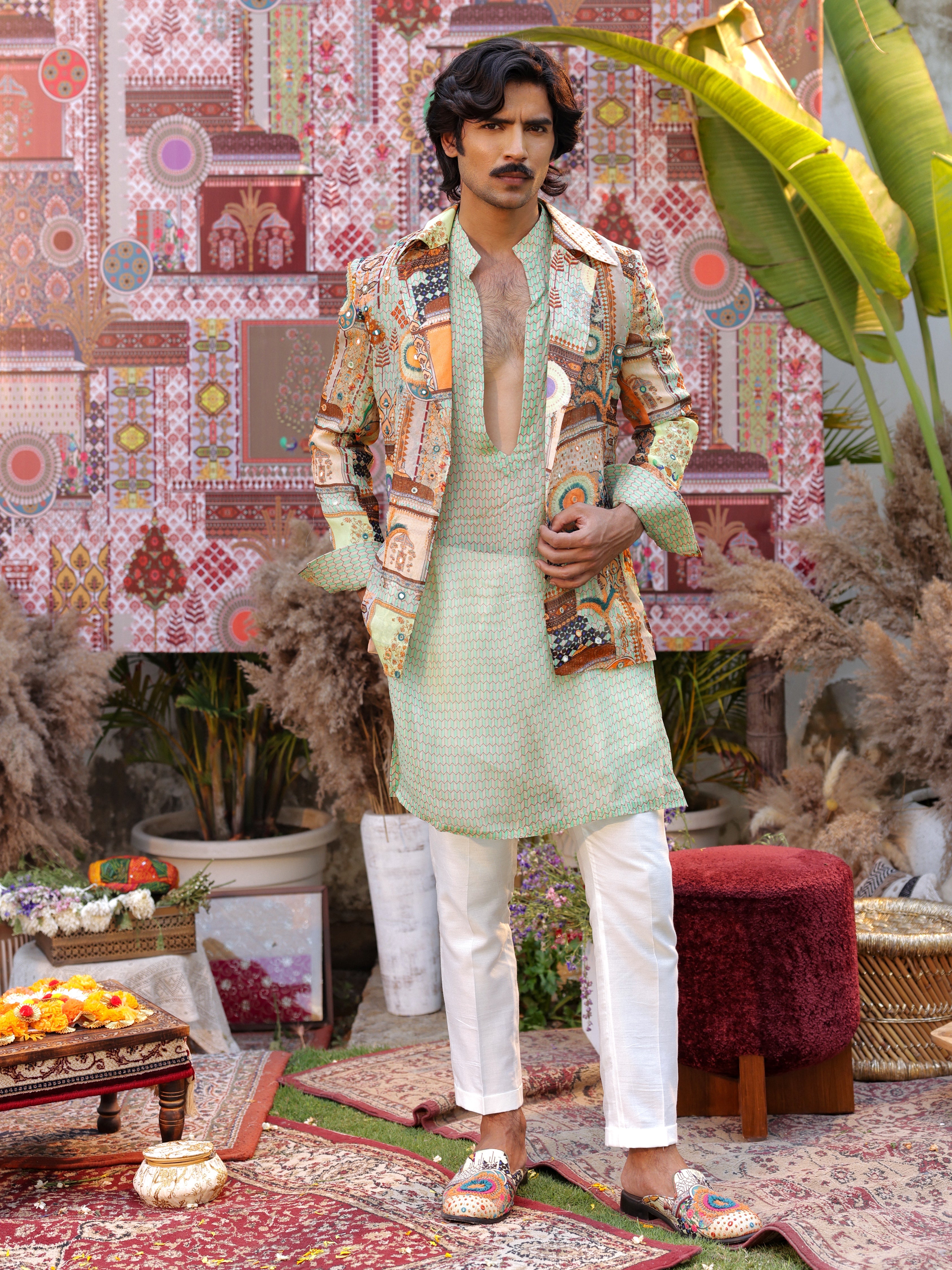Mint mosaic multi-coloured blazer and kurta set