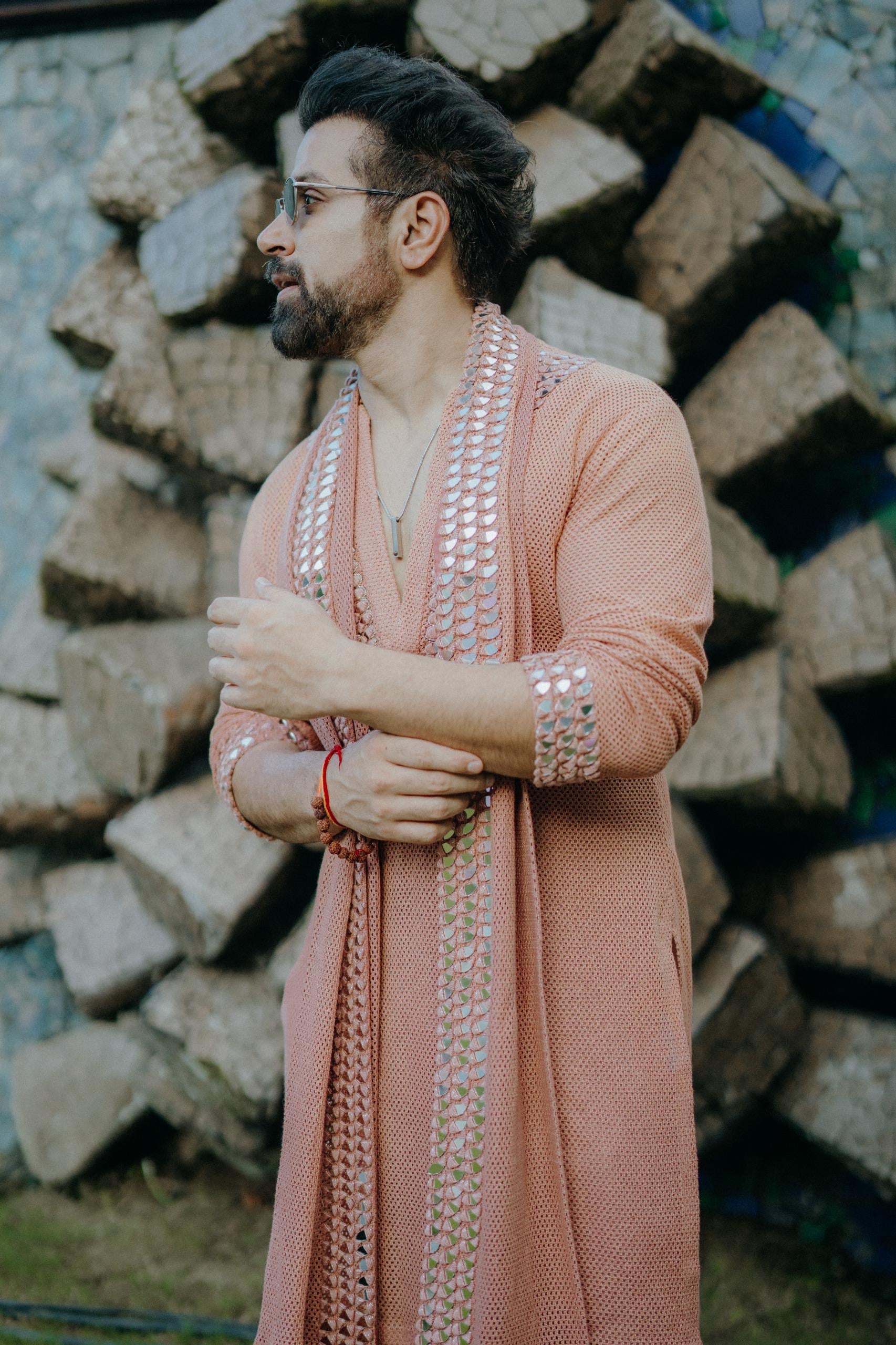 Rust Crochet Mirror Work Kurta Set with Mirror Work Stole