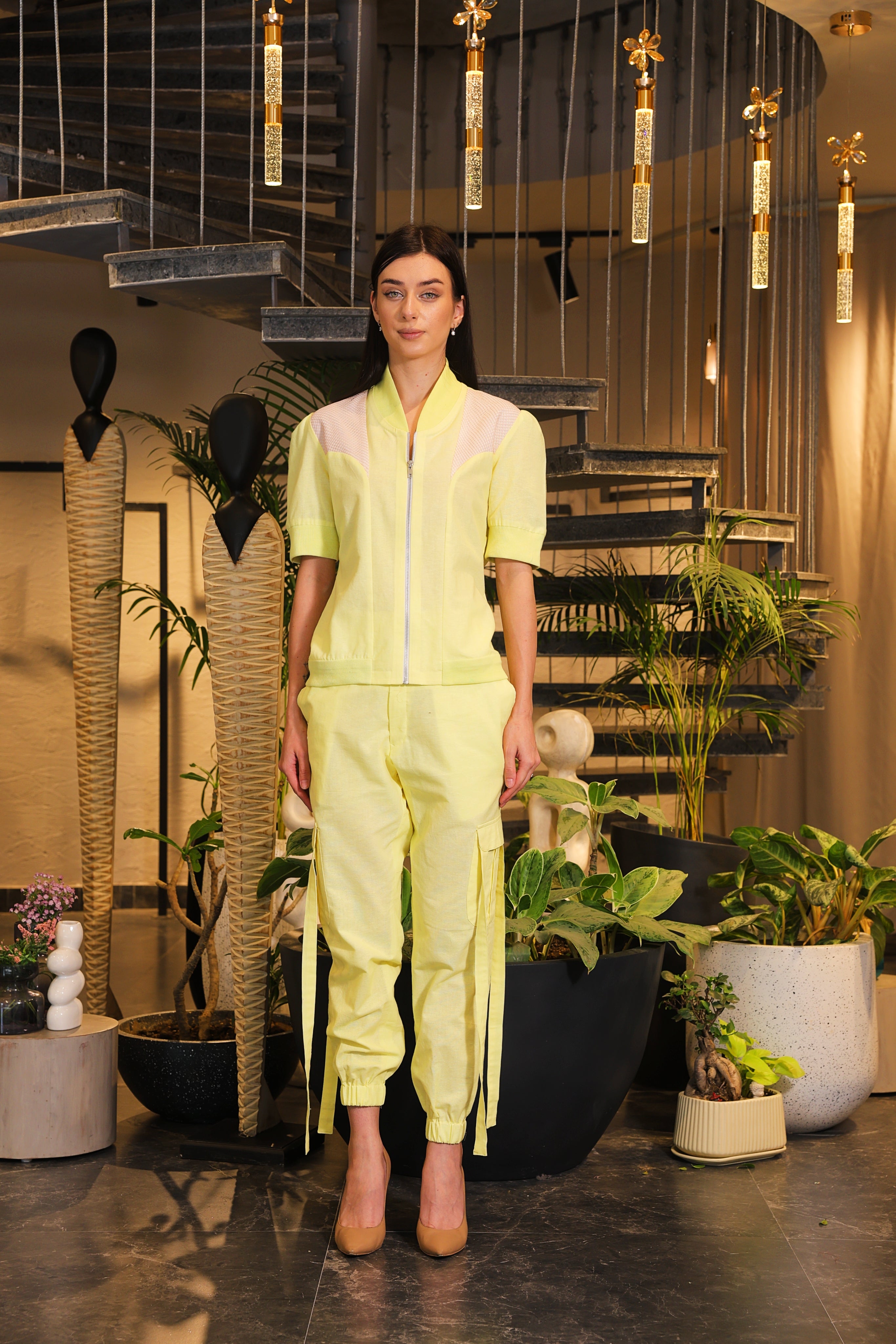 Butter yellow linen bomber shirt and pants with side pockets