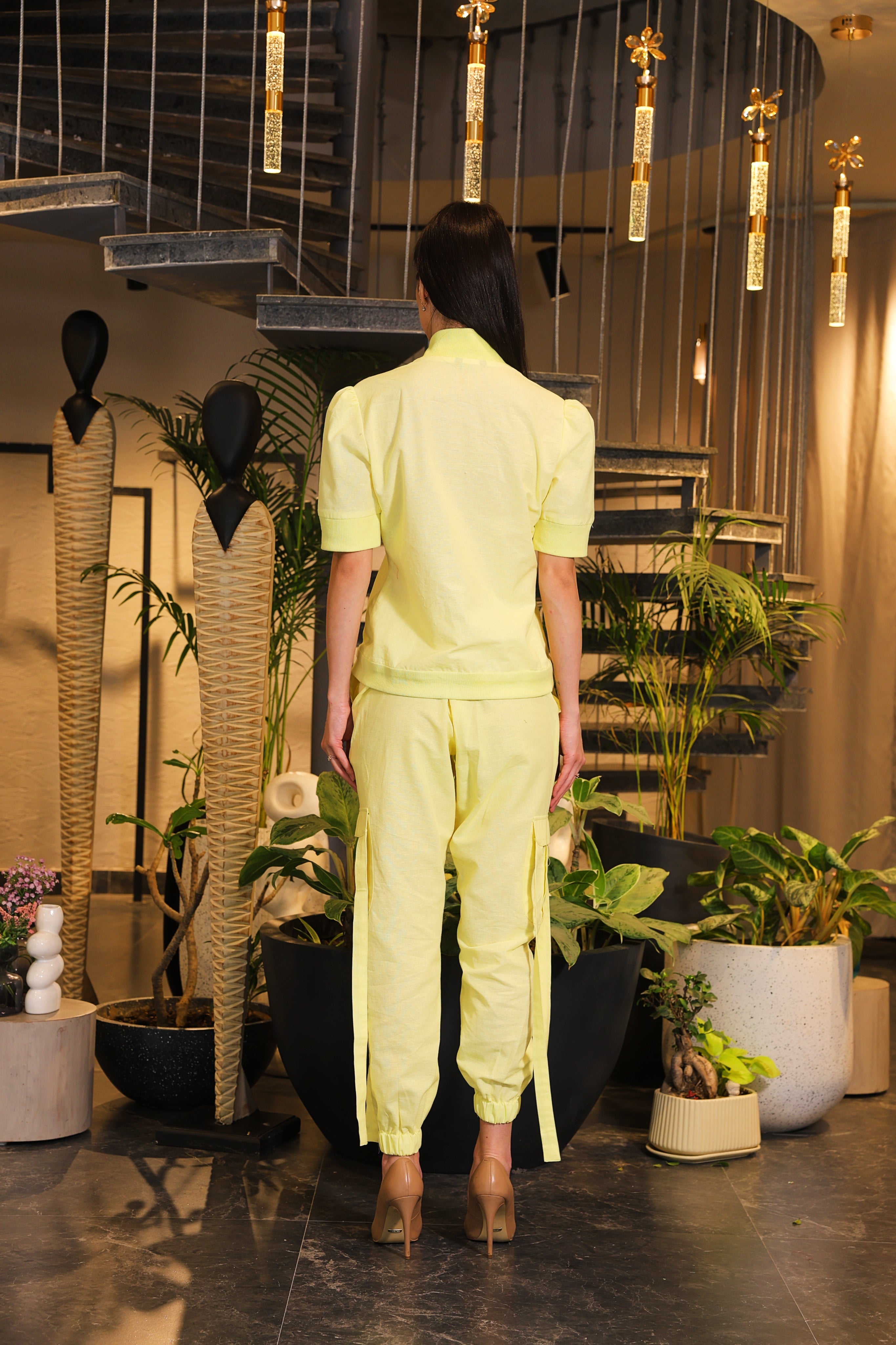 Butter yellow linen bomber shirt and pants with side pockets