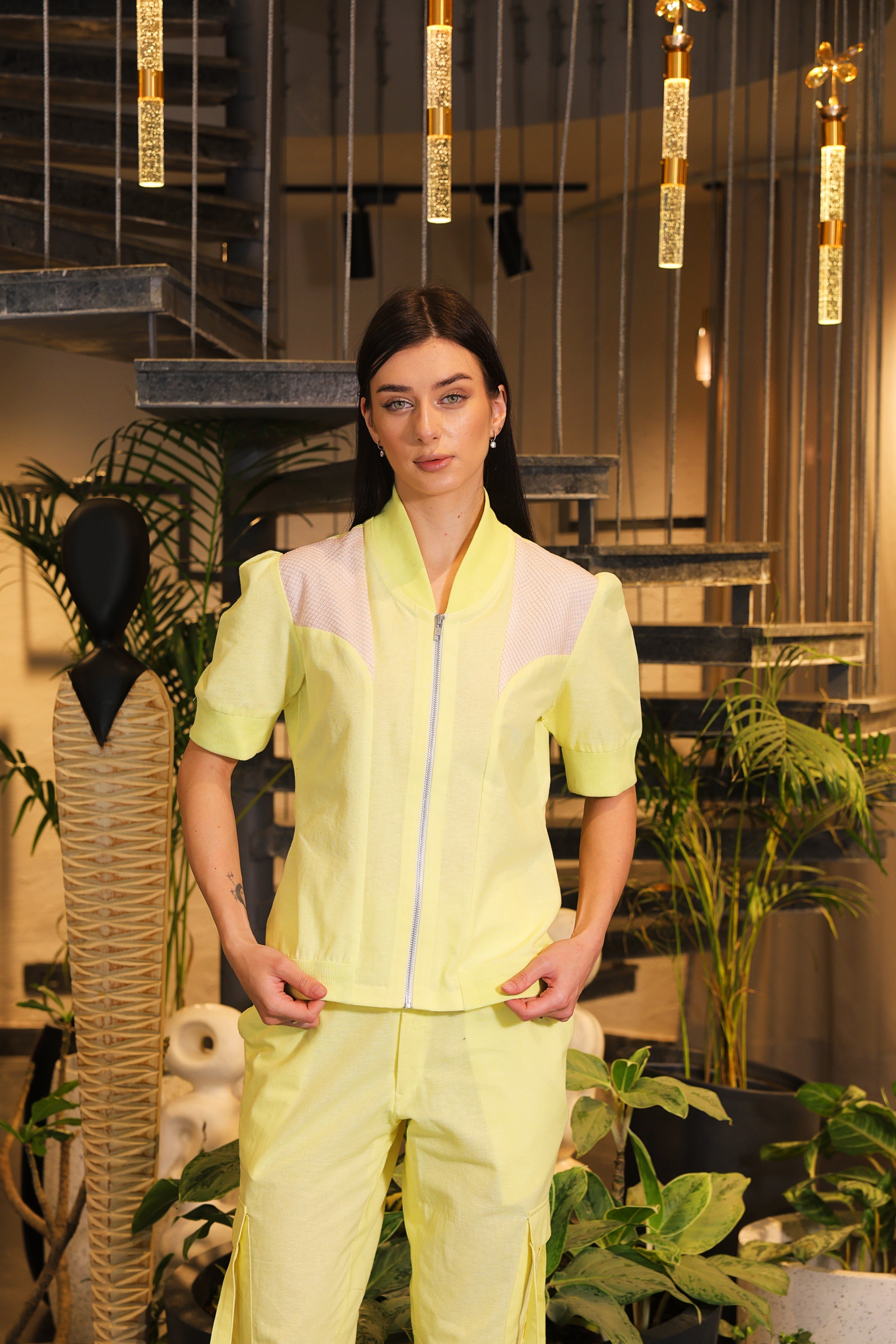 Butter yellow linen bomber shirt and pants with side pockets
