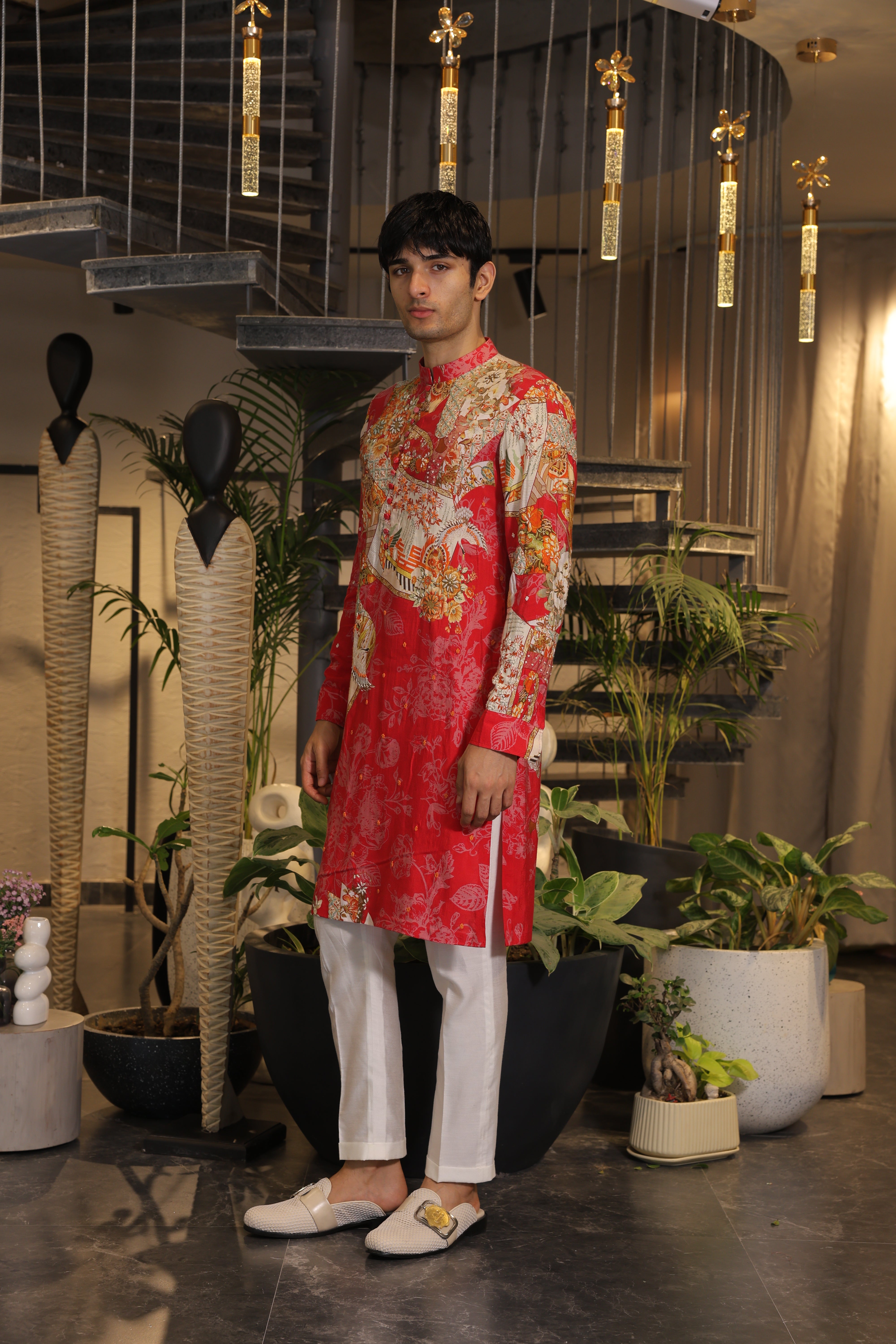 Red printed Kurta with white pajama pants