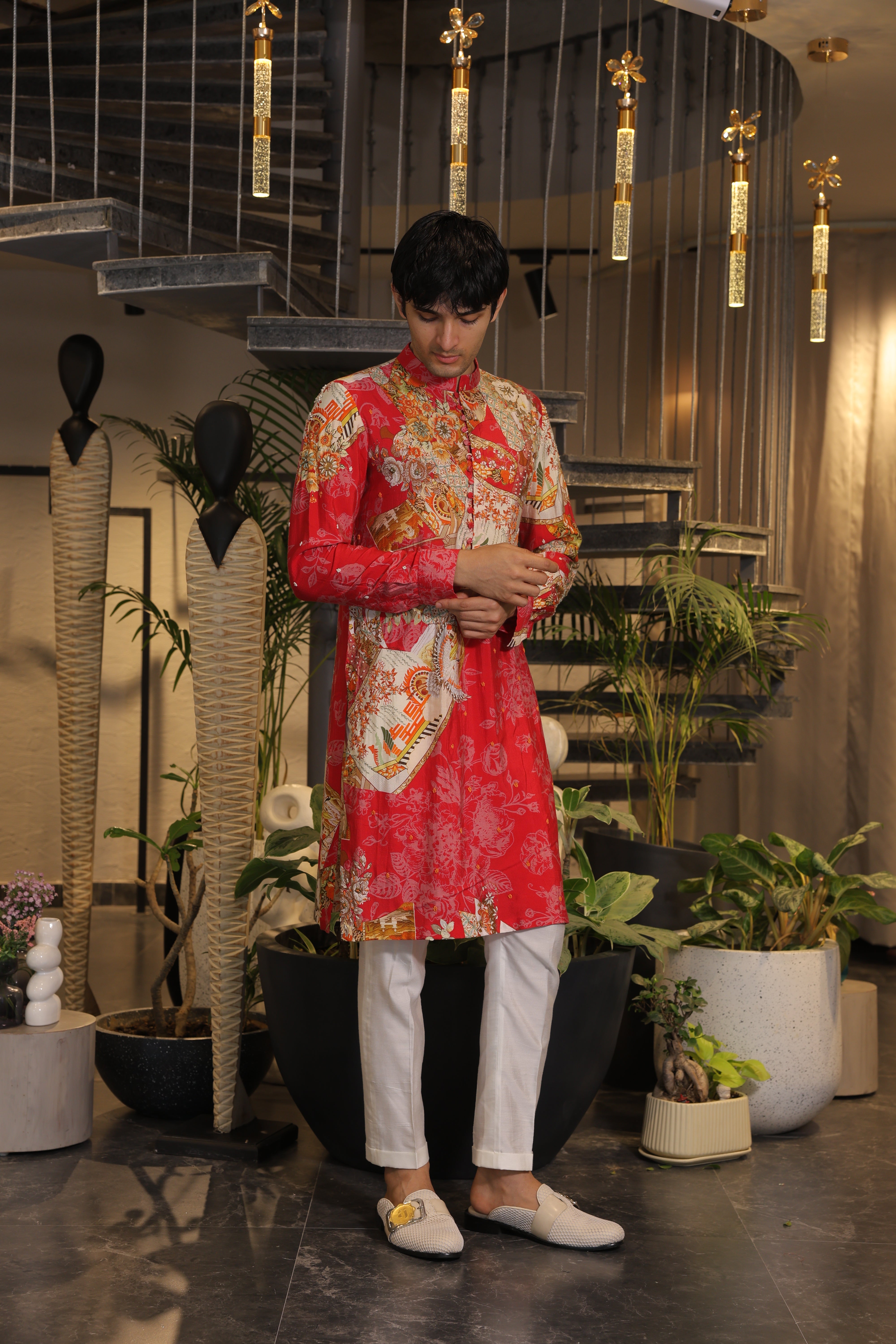 Red printed Kurta with white pajama pants