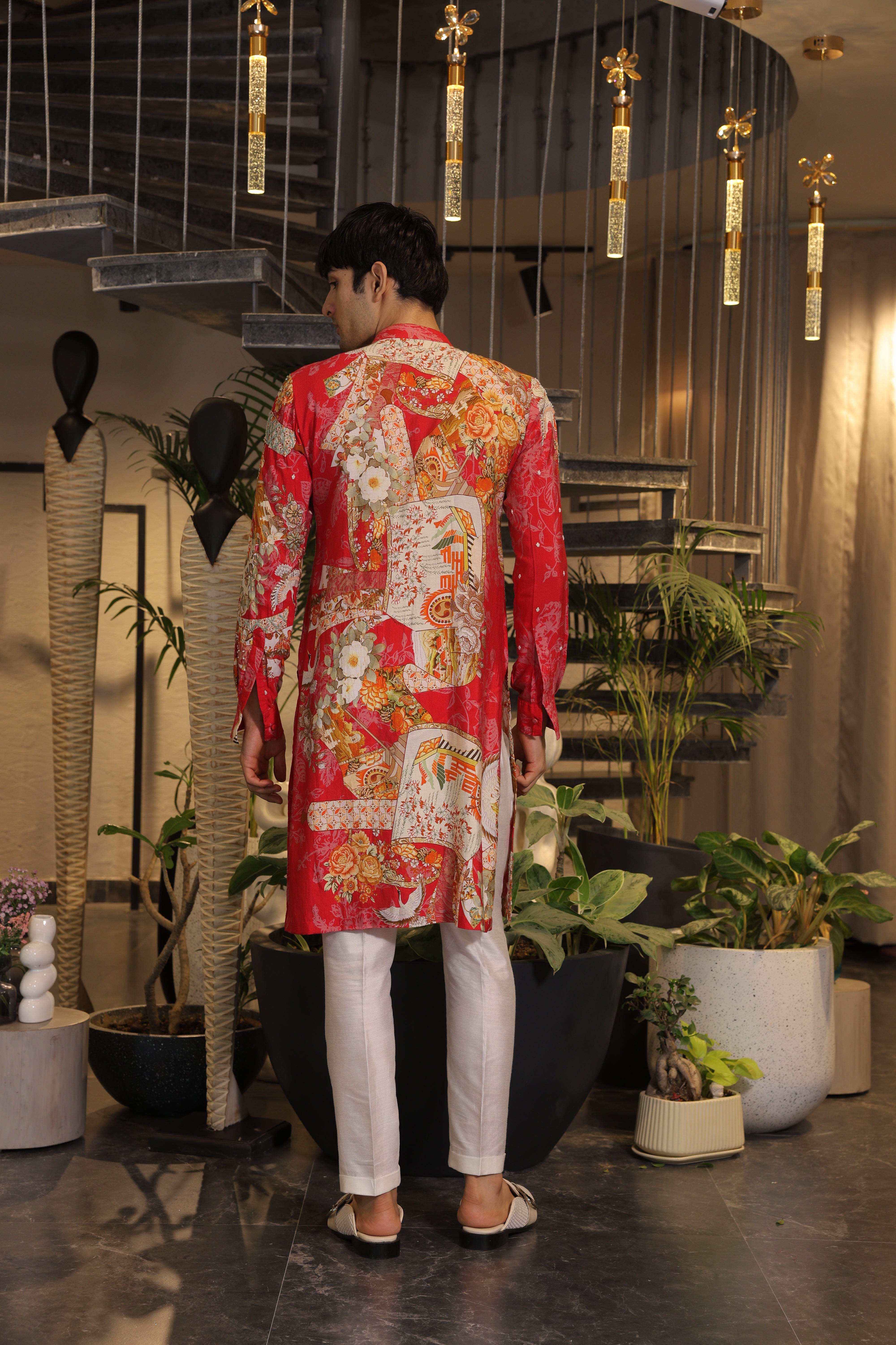 Red printed Kurta with white pajama pants