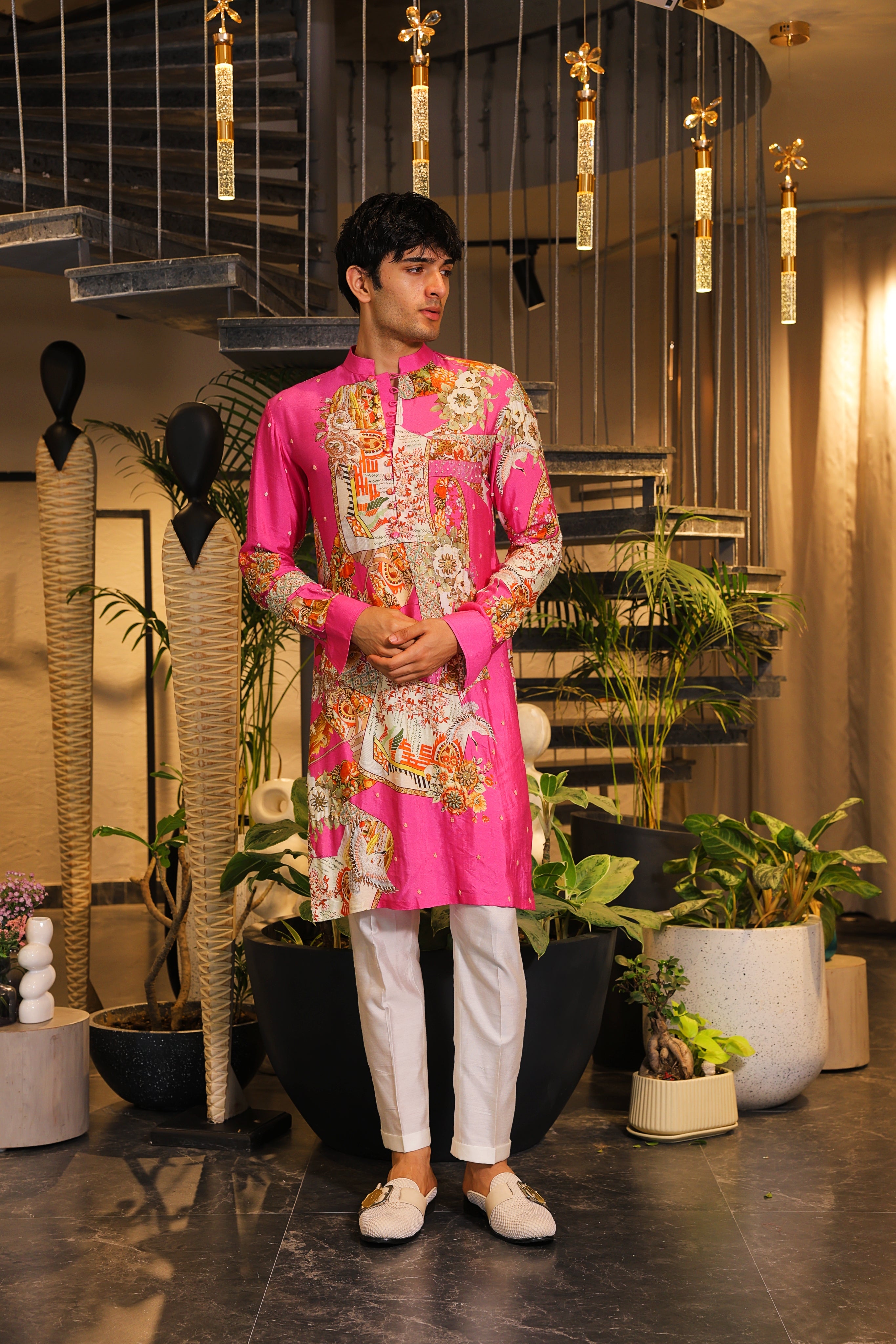 Pink printed kurta with white pants