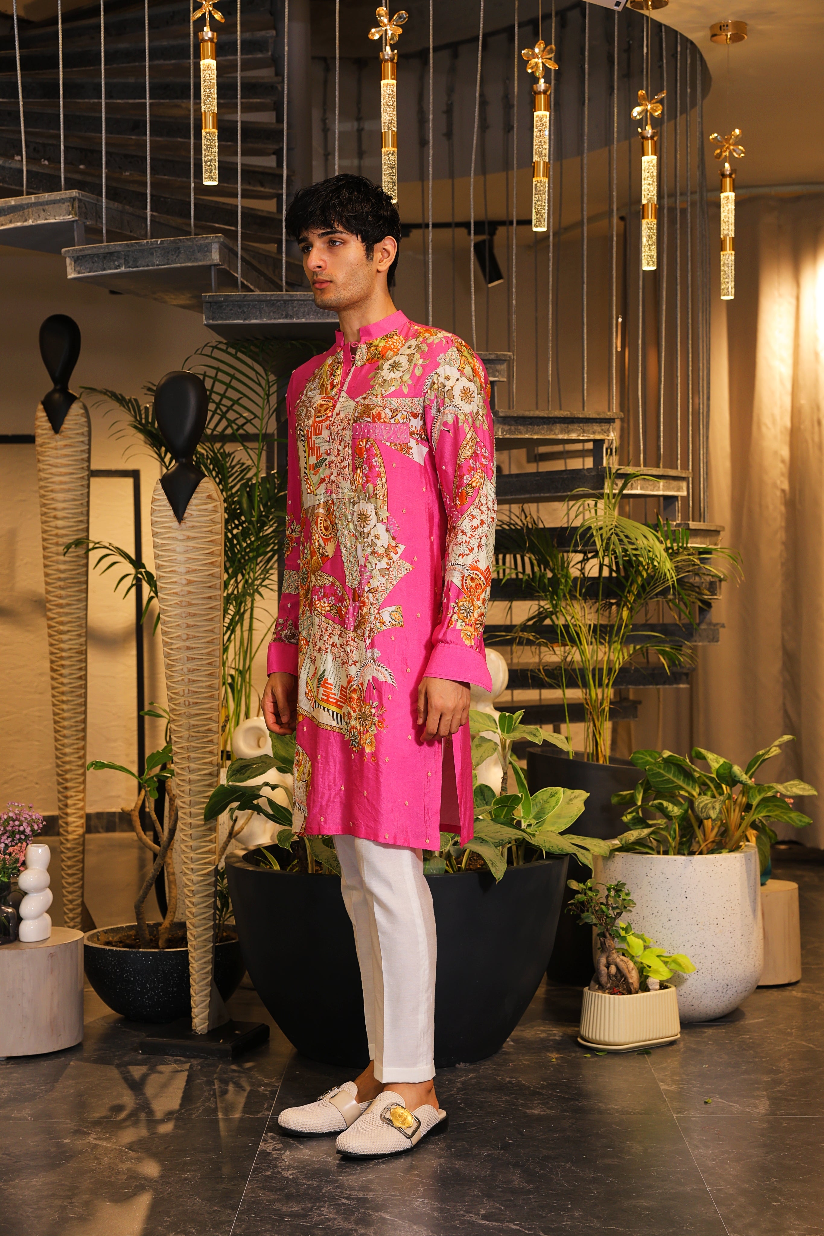 Pink printed kurta with white pants