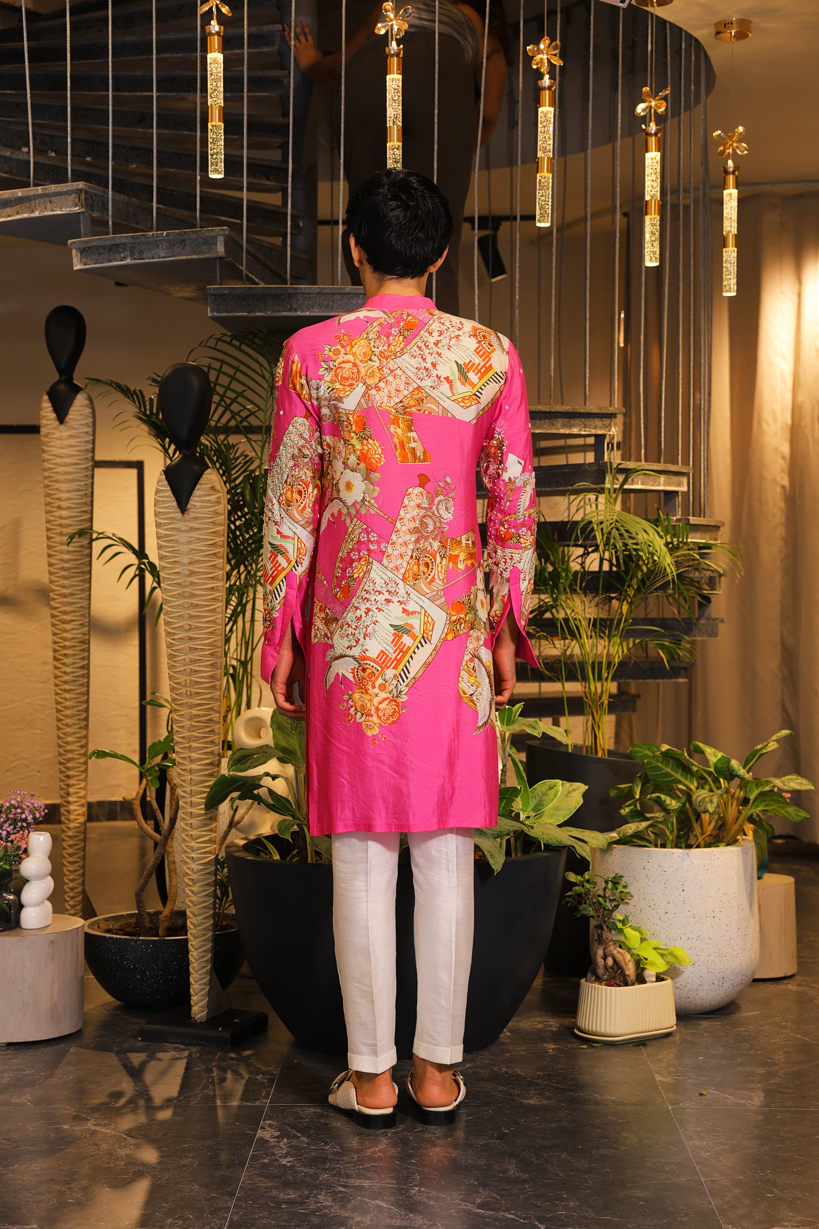 Pink printed kurta with white pants
