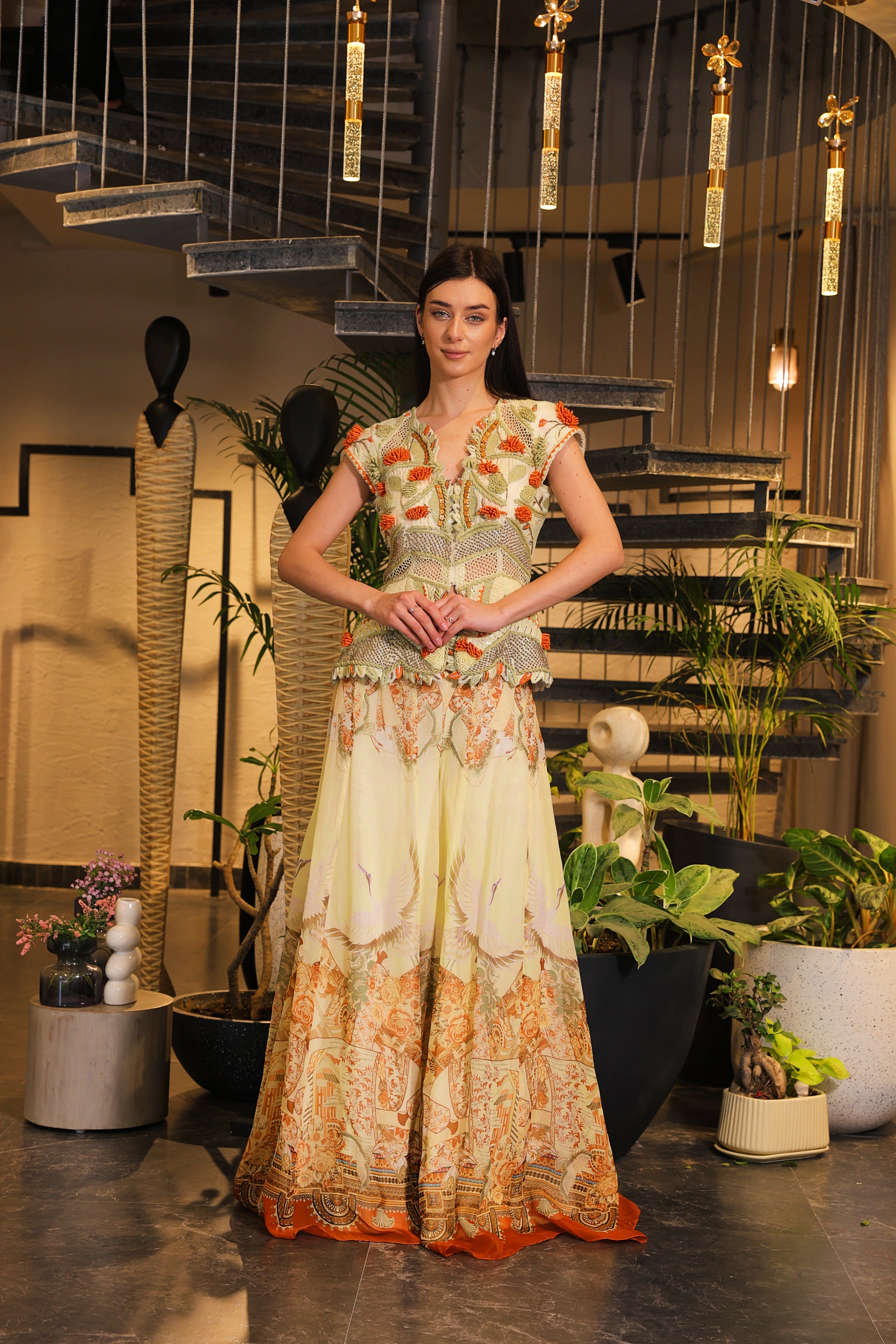 Swayam Alabaster cream printed sharara with embroidered peplum cut jacket bodice