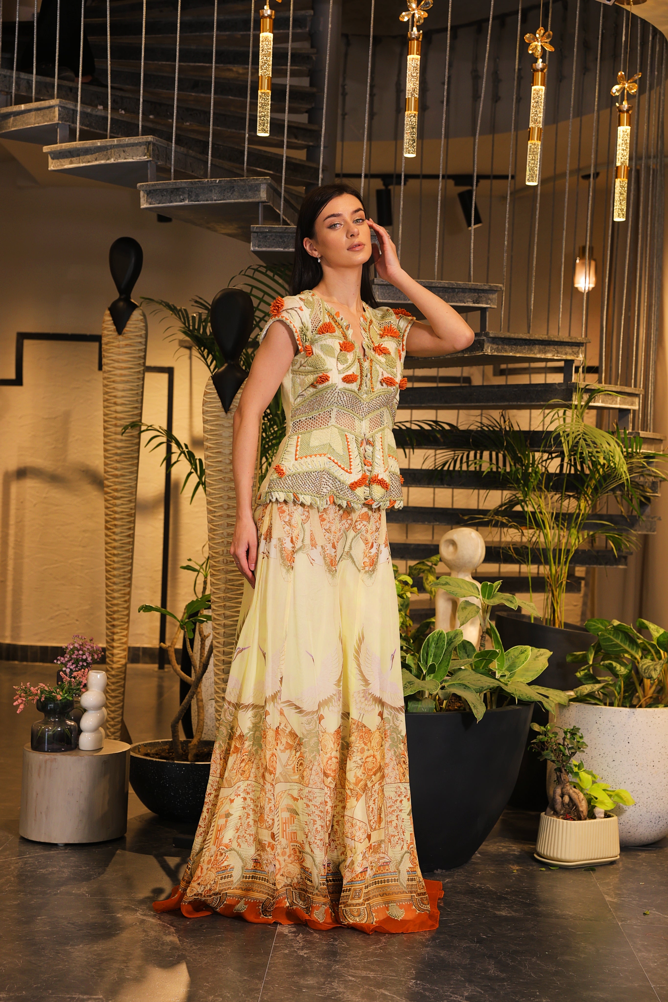 Swayam Alabaster cream printed sharara with embroidered peplum cut jacket bodice