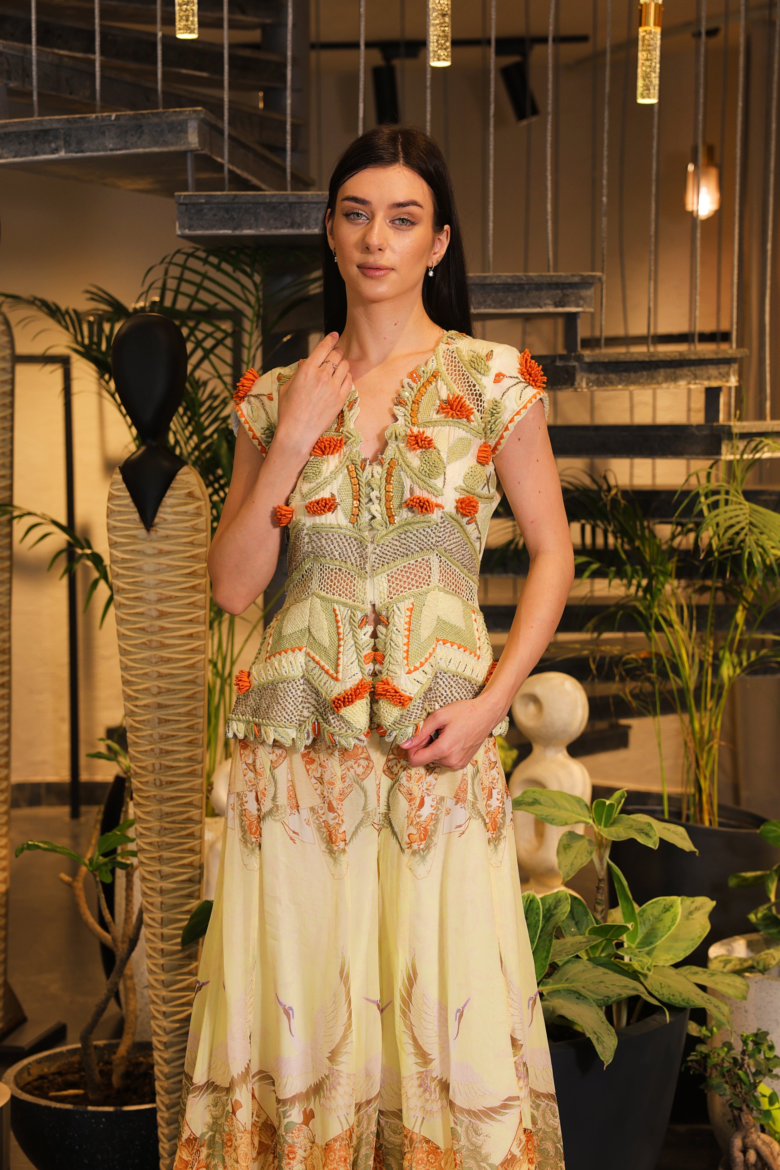 Swayam Alabaster cream printed sharara with embroidered peplum cut jacket bodice
