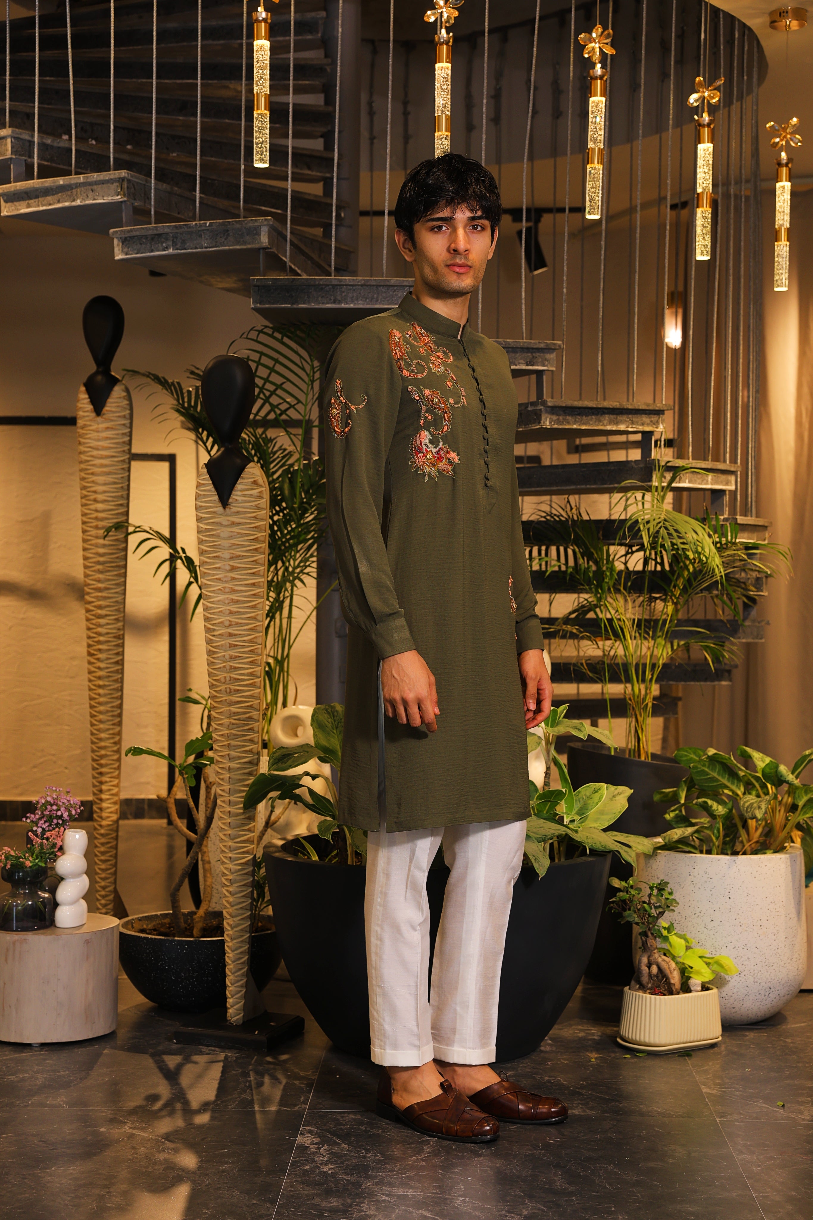 Bottle green hand embroidered kurta set