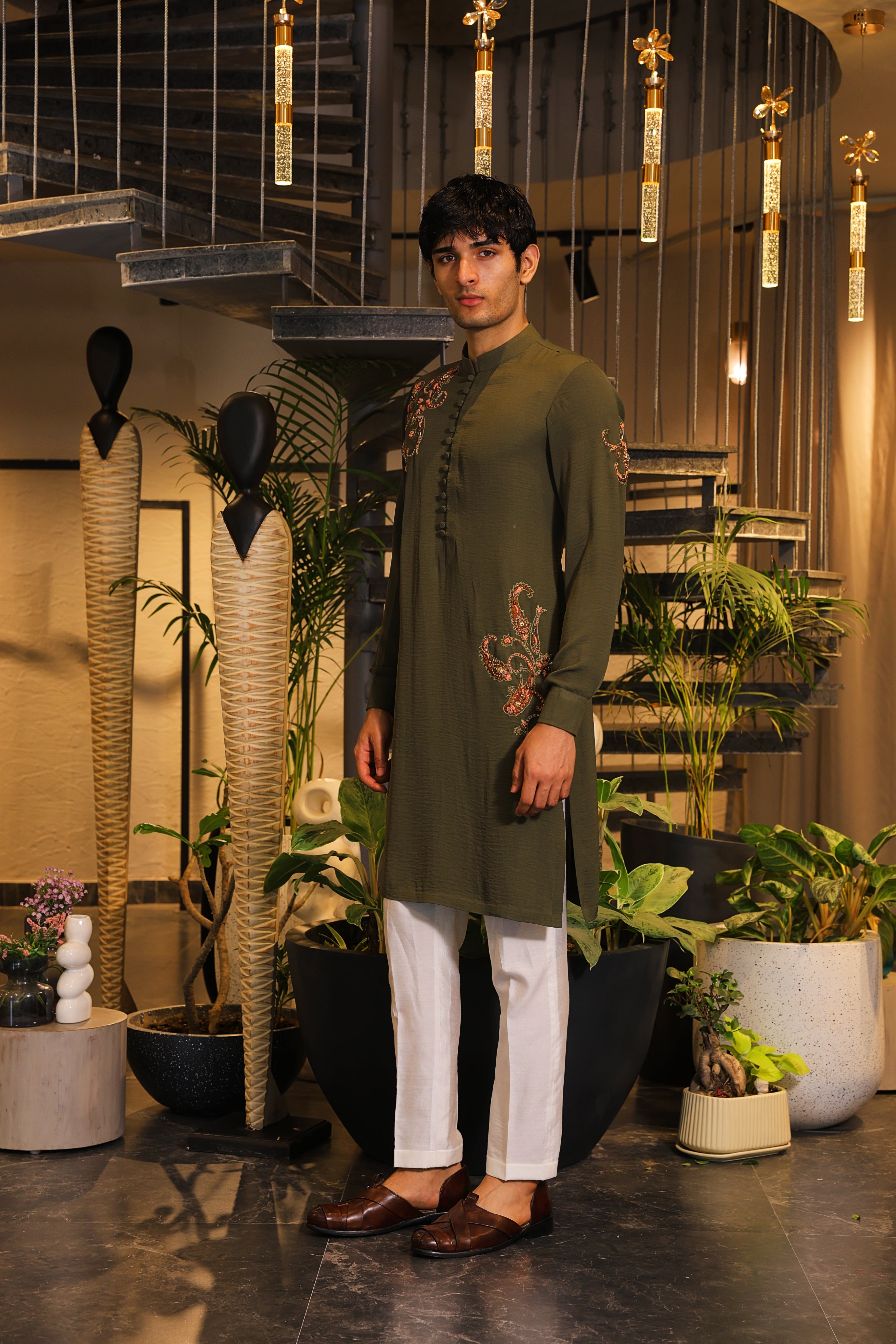 Bottle green hand embroidered kurta set