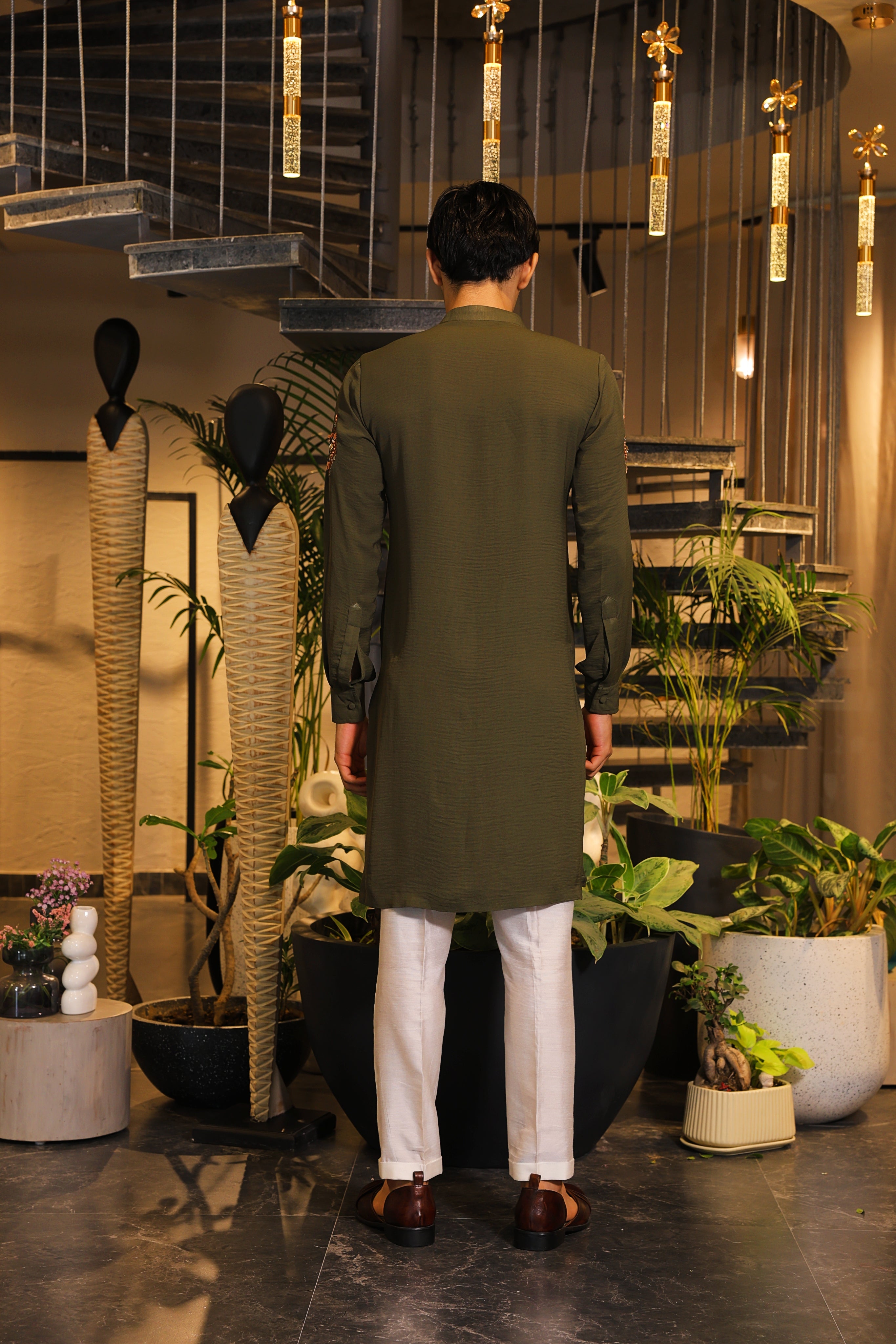 Bottle green hand embroidered kurta set