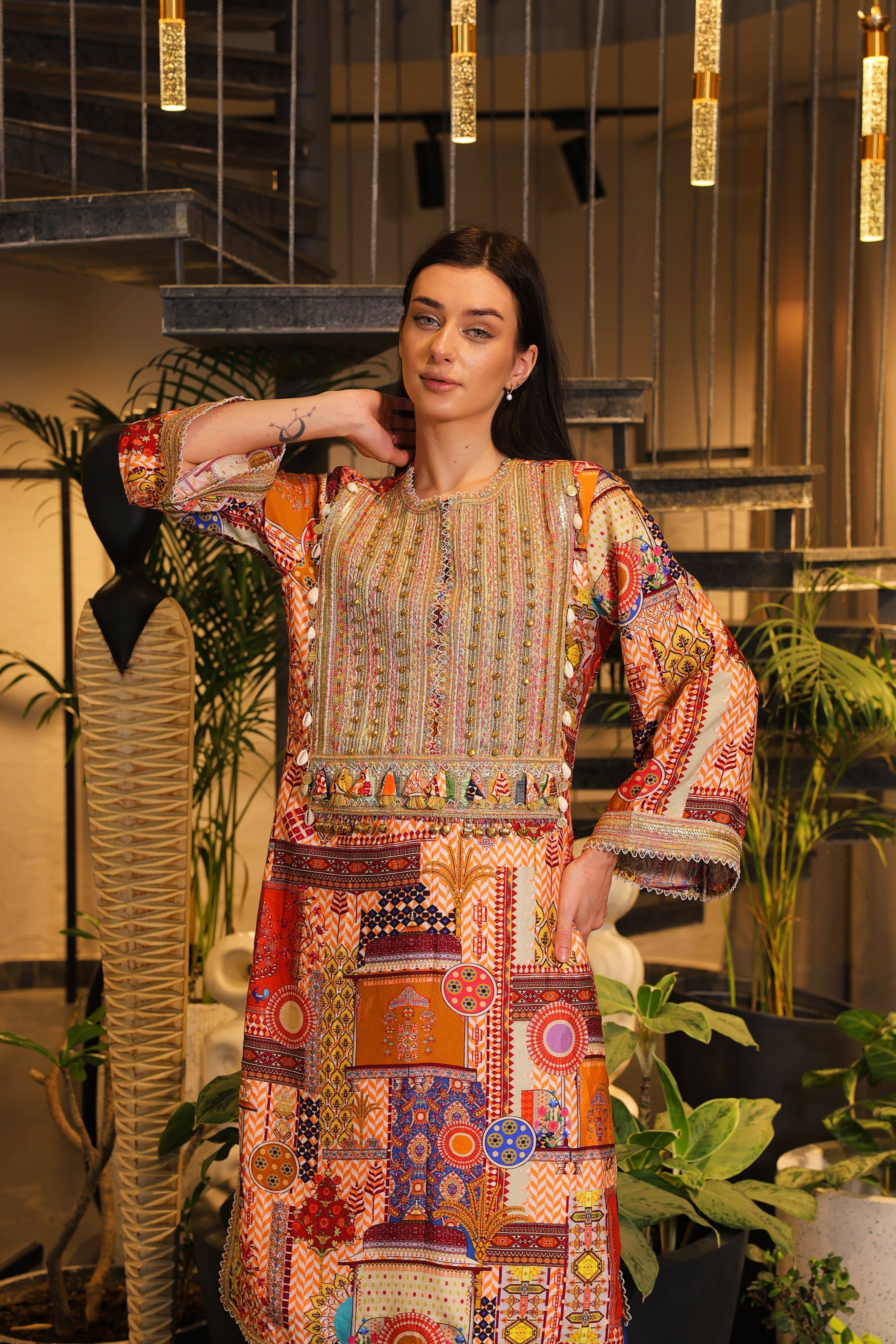 Festive multi-coloured long slit Kurti set