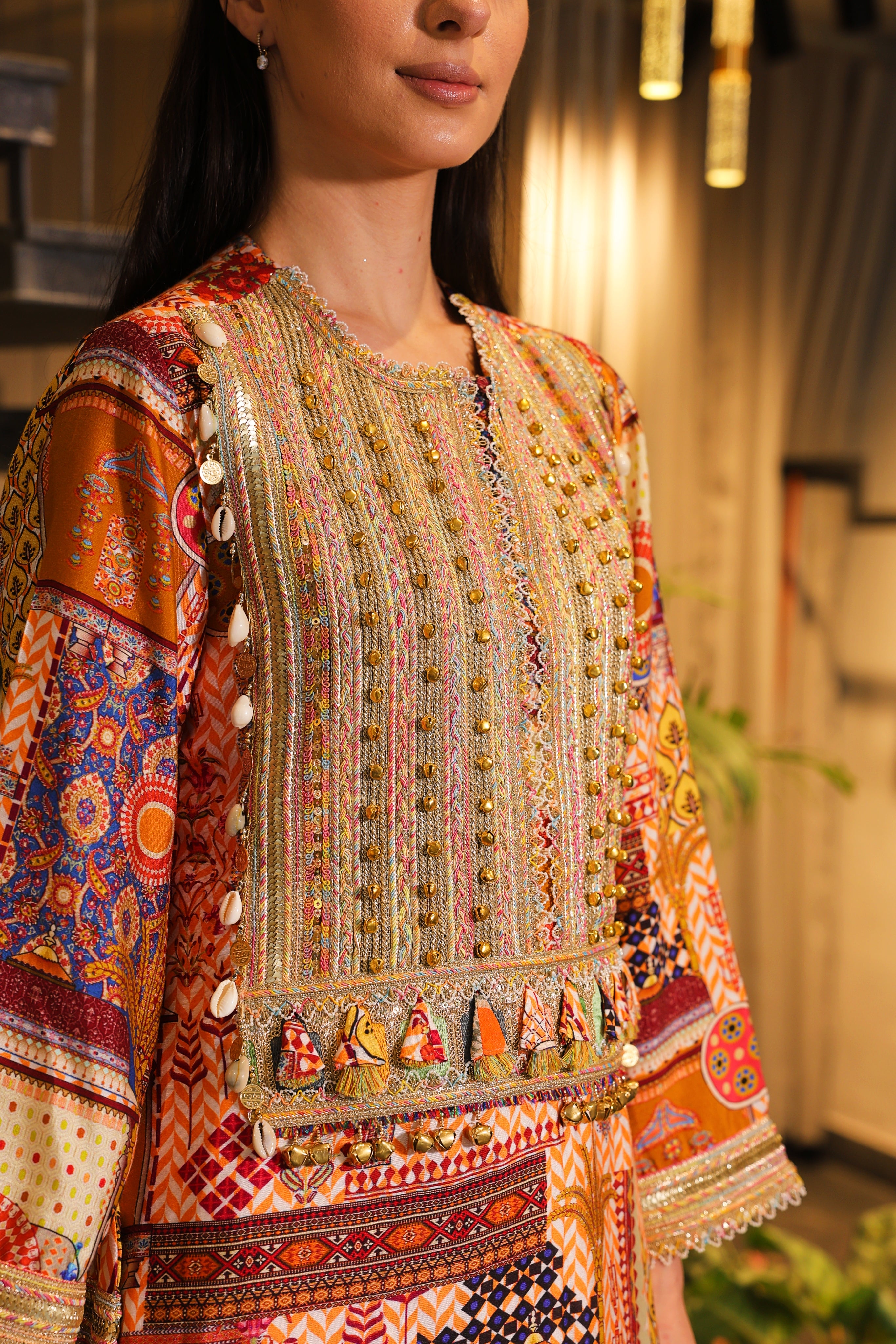 Festive multi-coloured long slit Kurti set