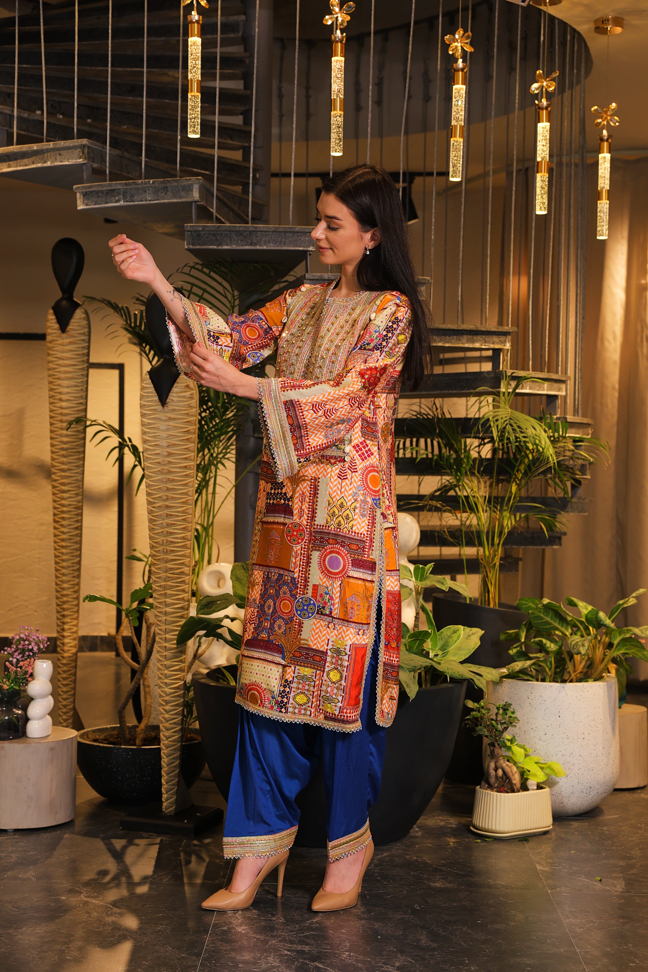 Festive multi-coloured long slit Kurti set