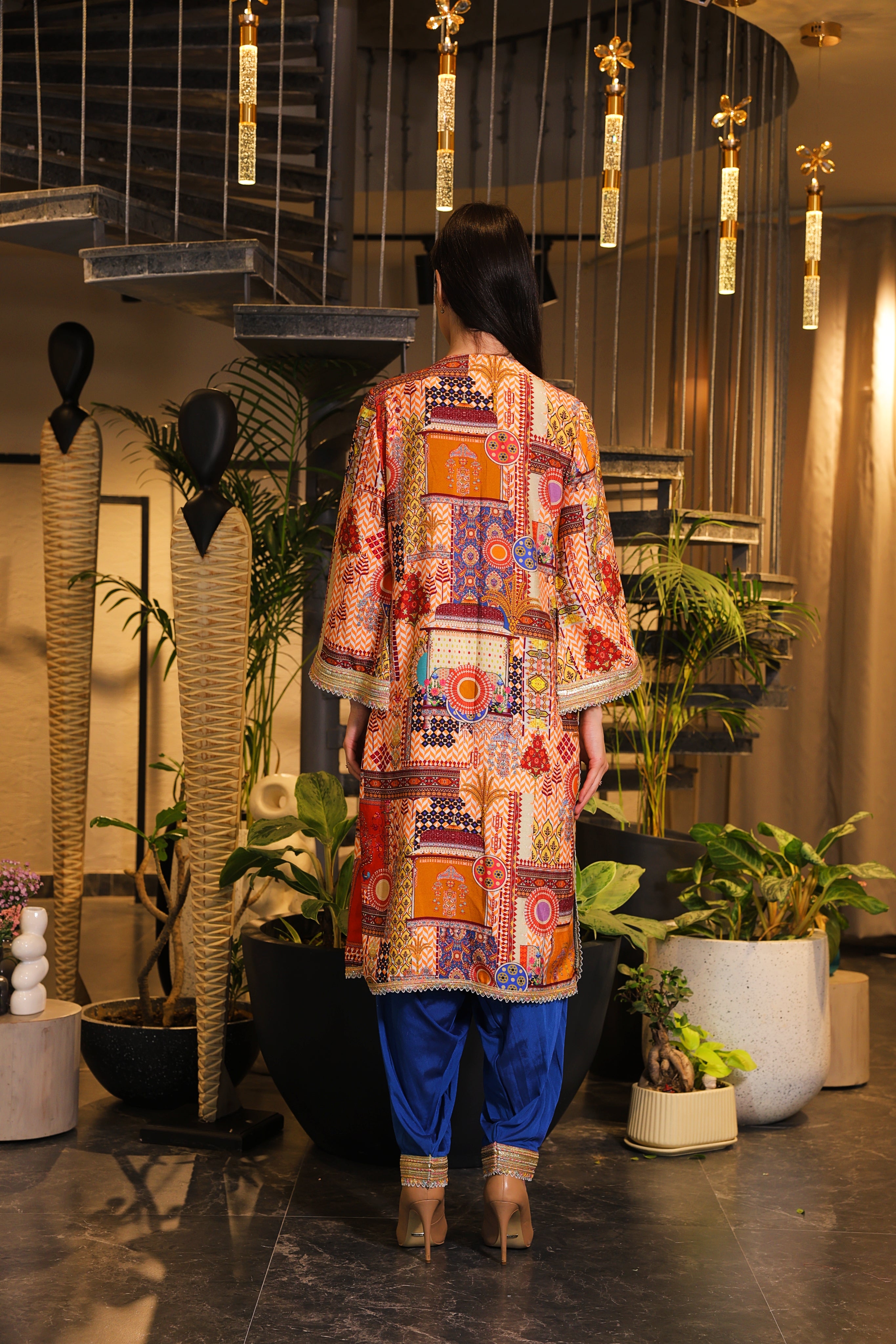 Festive multi-coloured long slit Kurti set