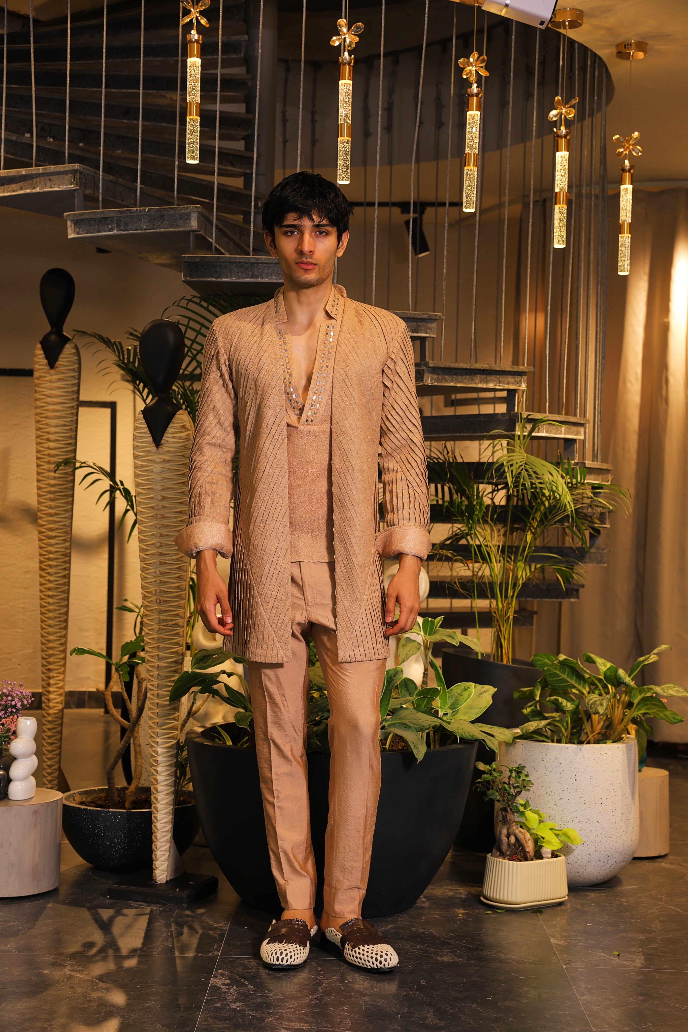 Deep peach reflex ind-western with shirt and overlay paired with pants