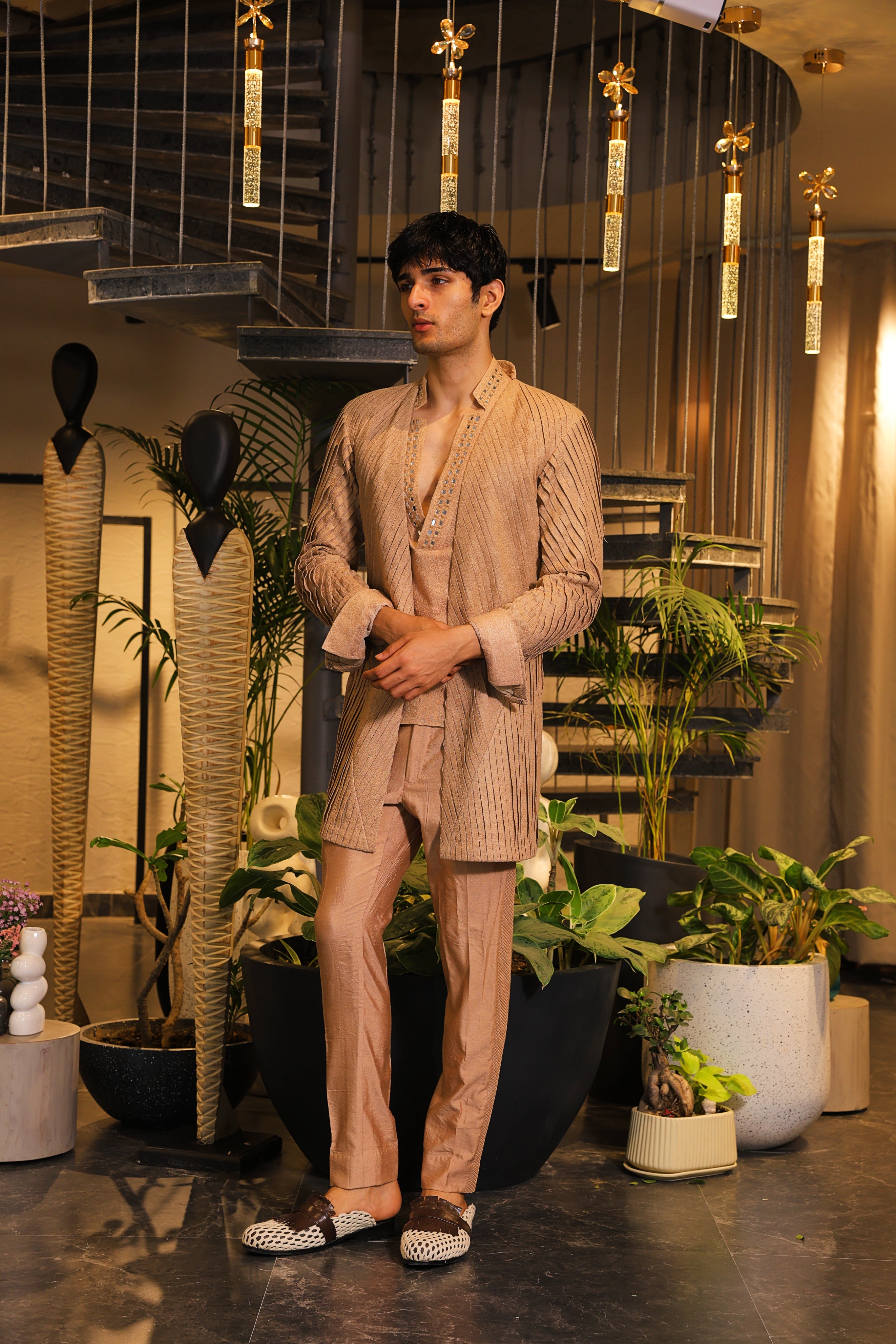 Deep peach reflex ind-western with shirt and overlay paired with pants
