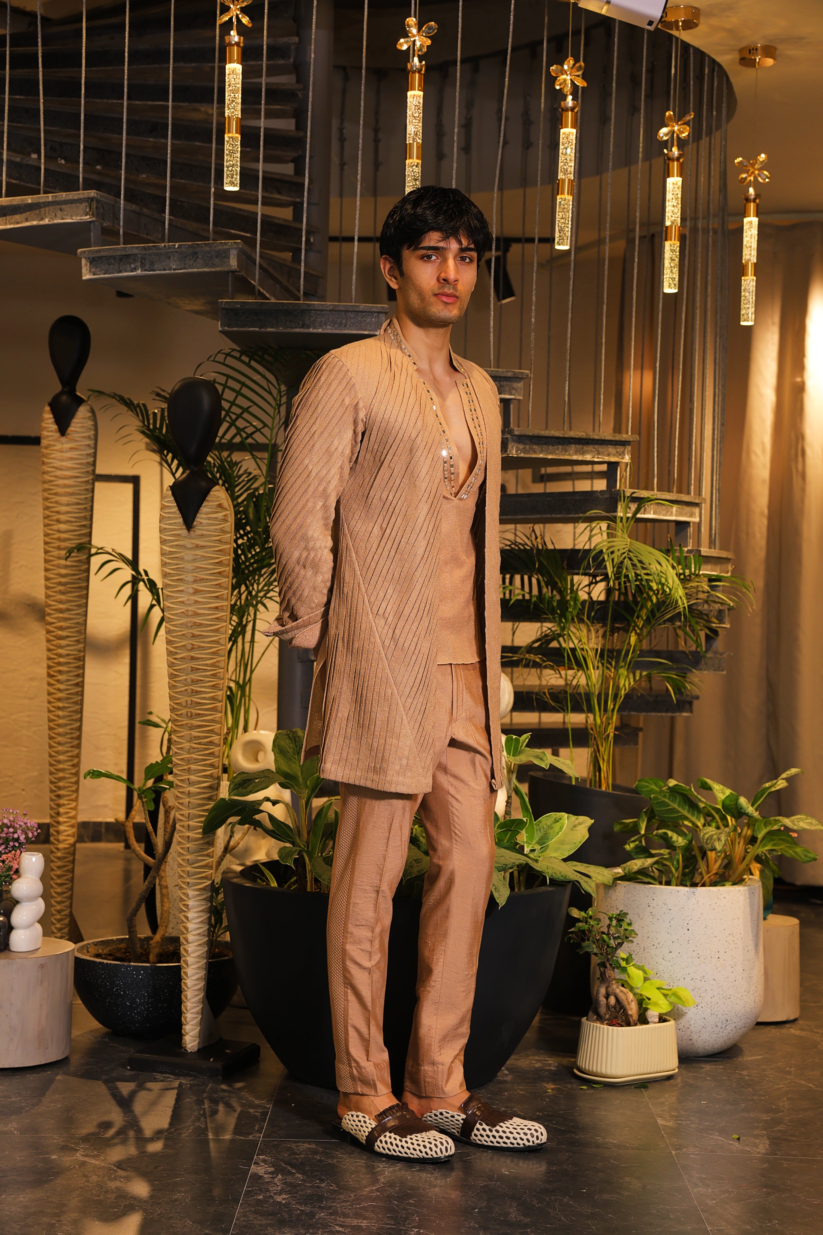 Deep peach reflex ind-western with shirt and overlay paired with pants