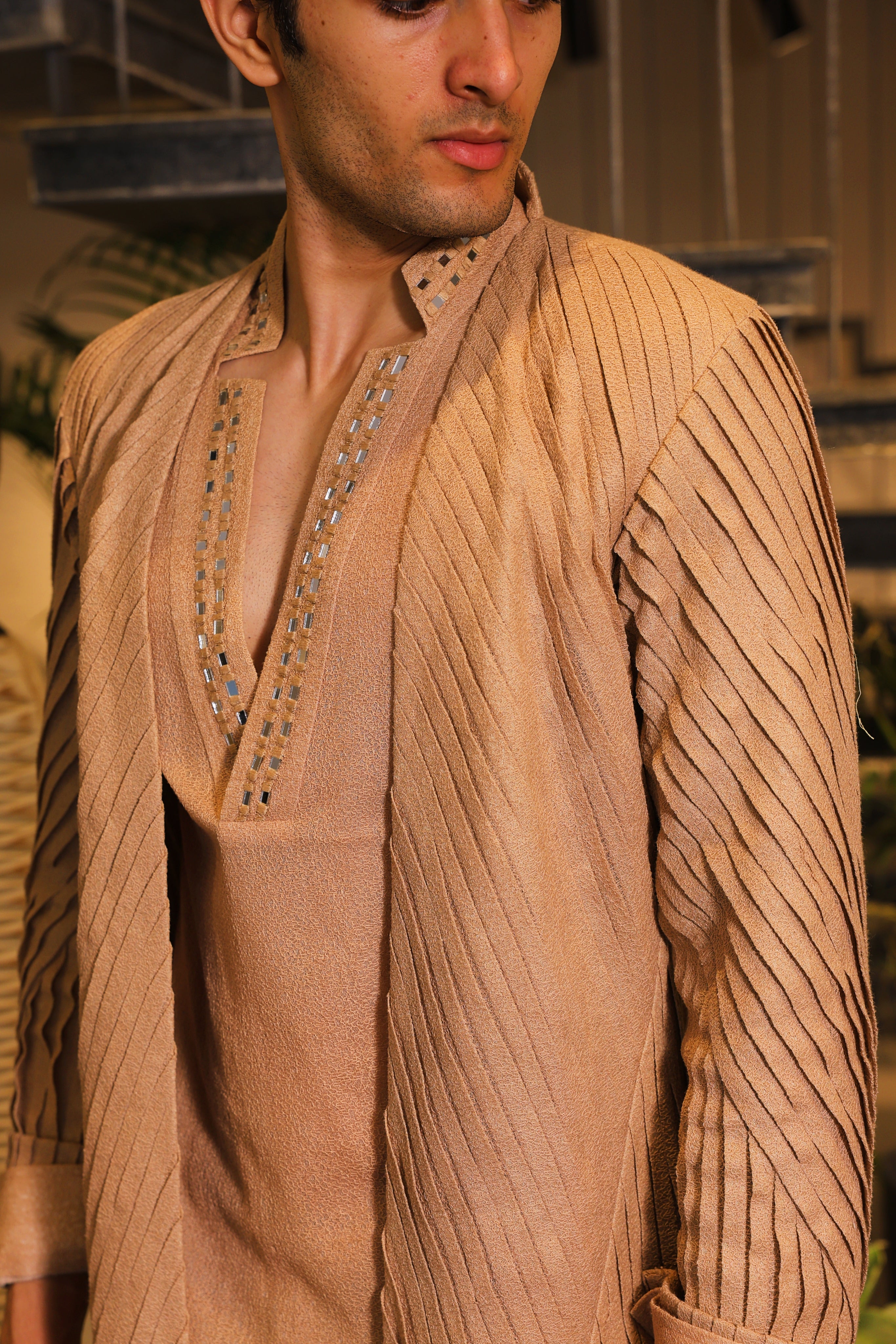 Deep peach reflex ind-western with shirt and overlay paired with pants