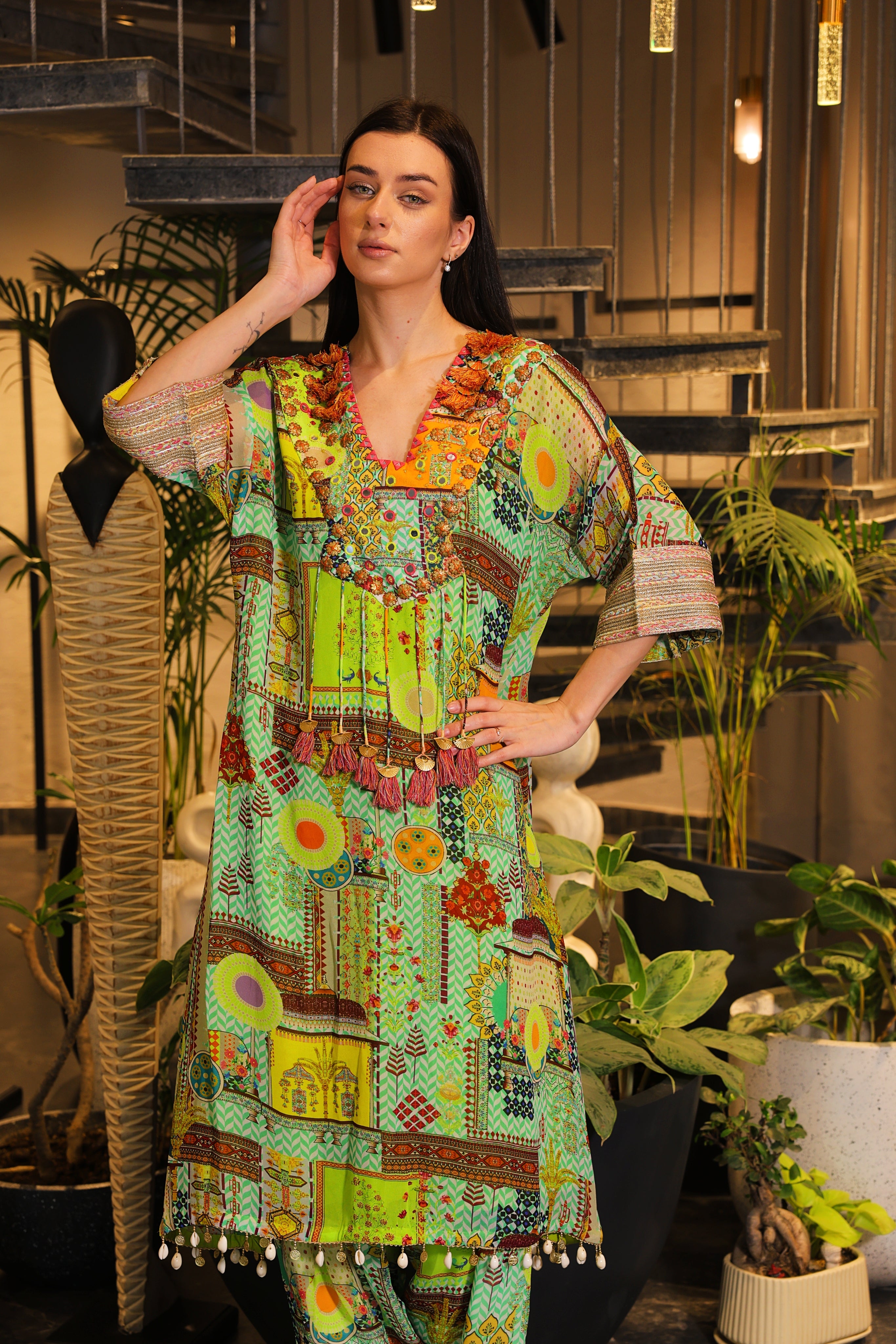 Festive green multi-coloured kaftan set