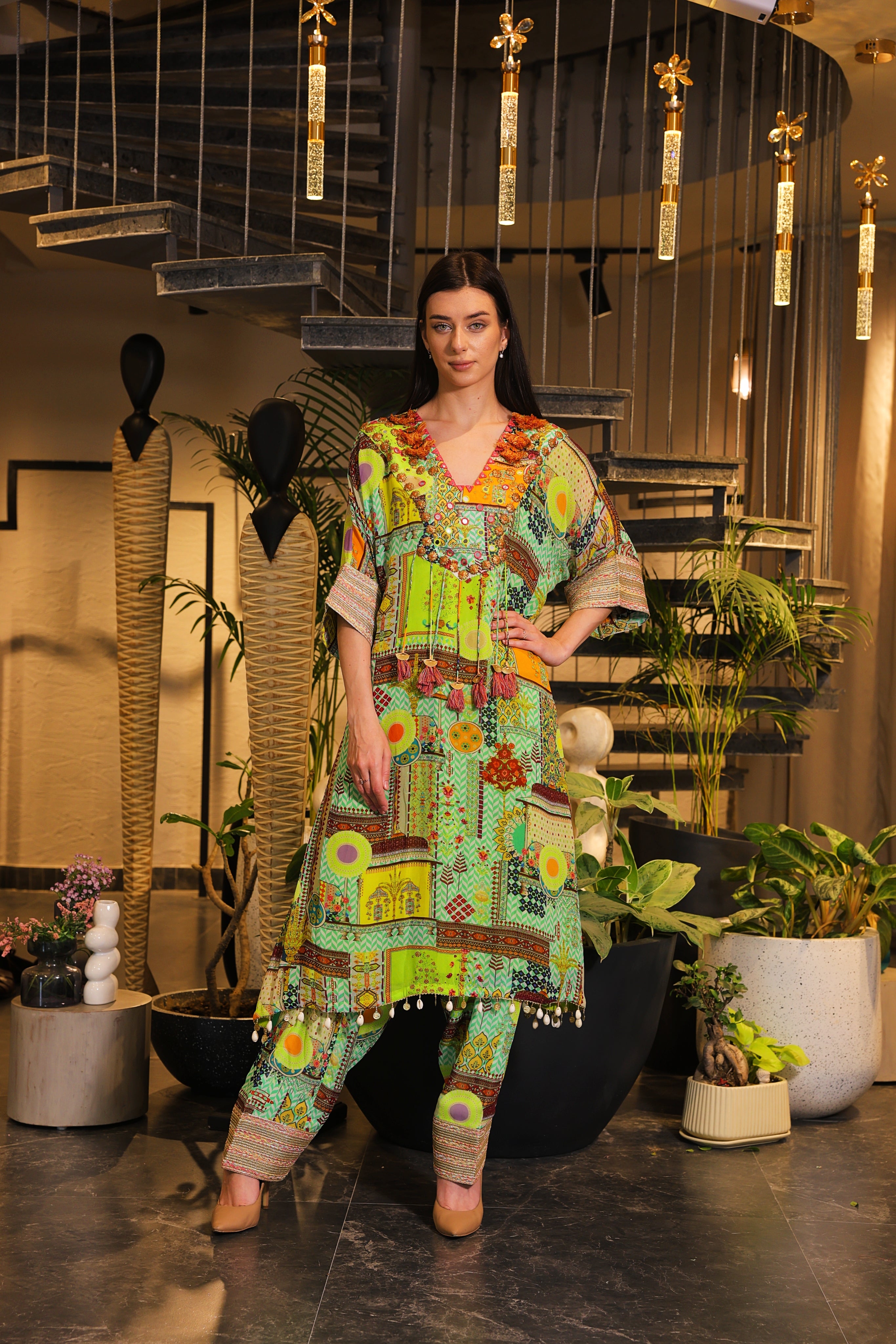 Festive green multi-coloured kaftan set