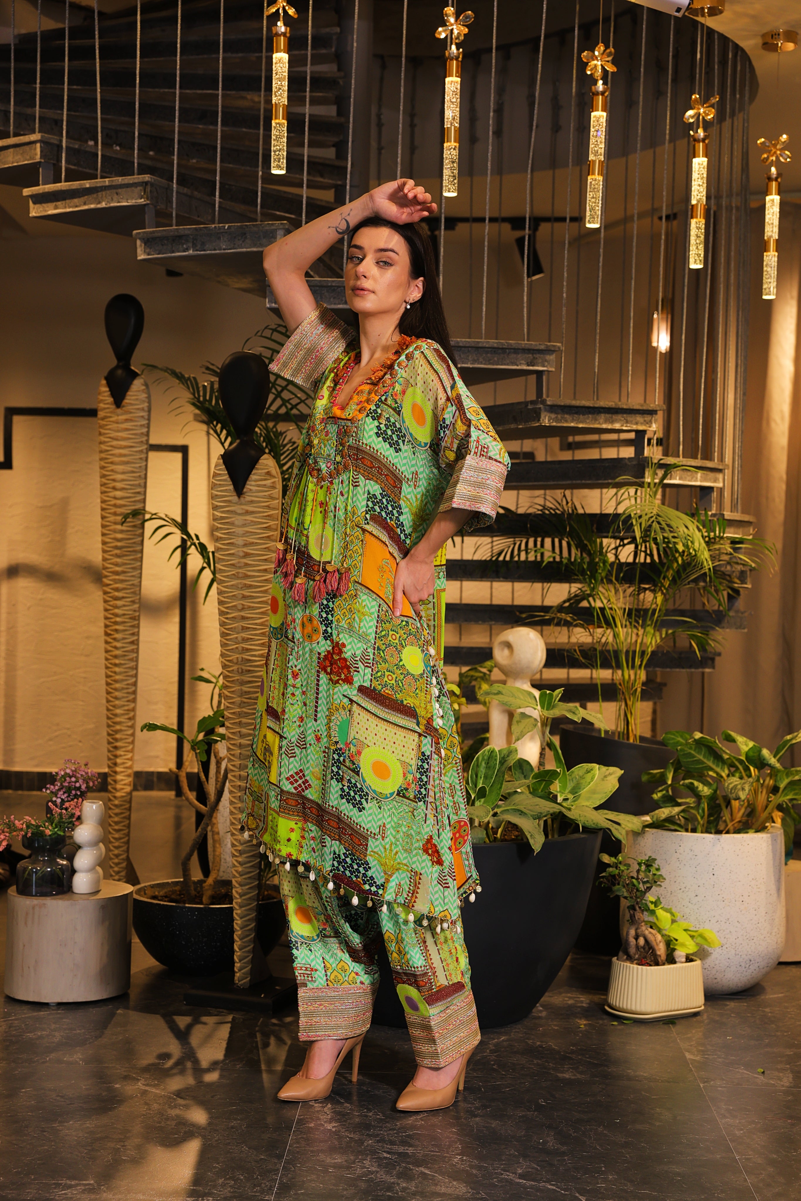 Festive green multi-coloured kaftan set