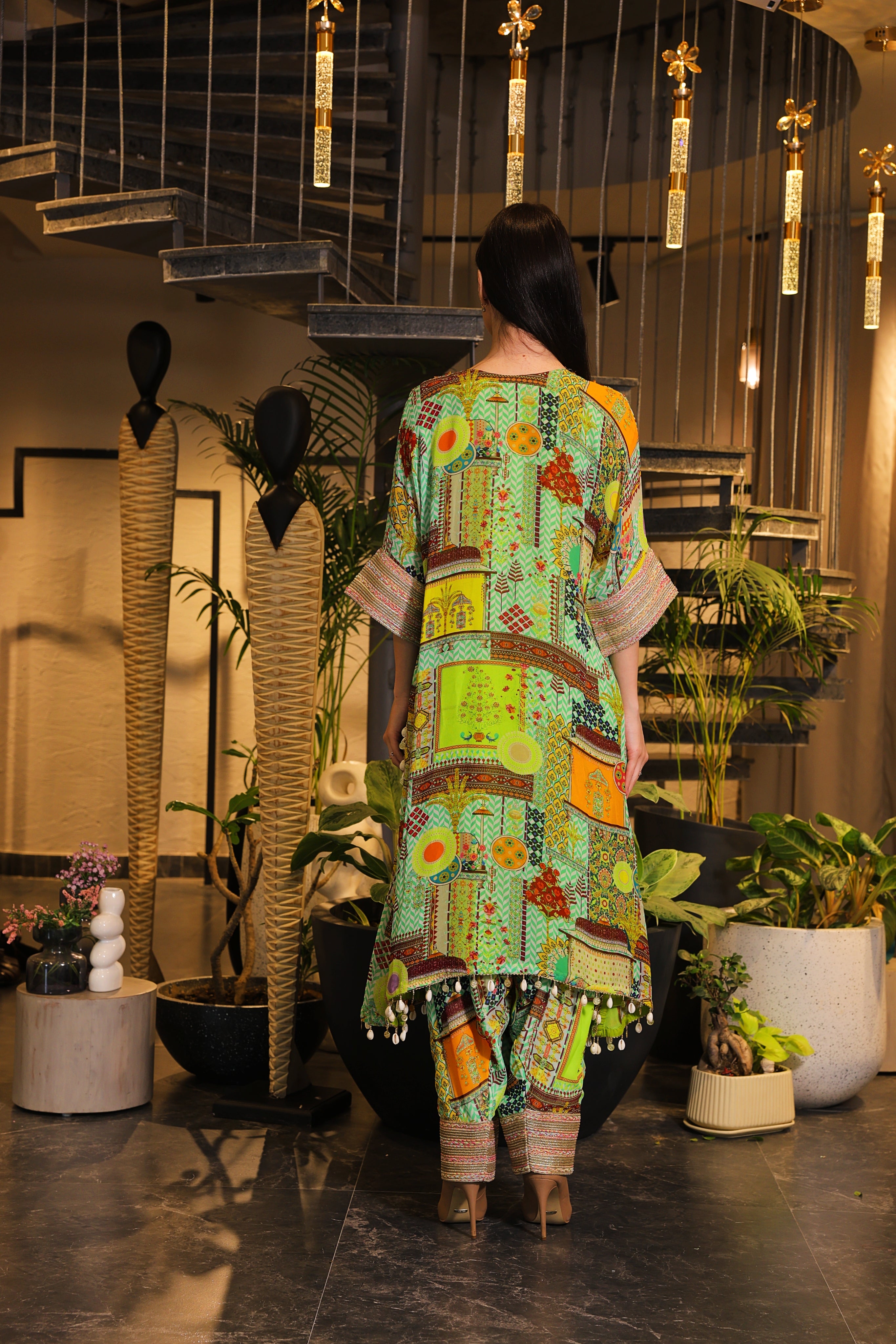 Festive green multi-coloured kaftan set